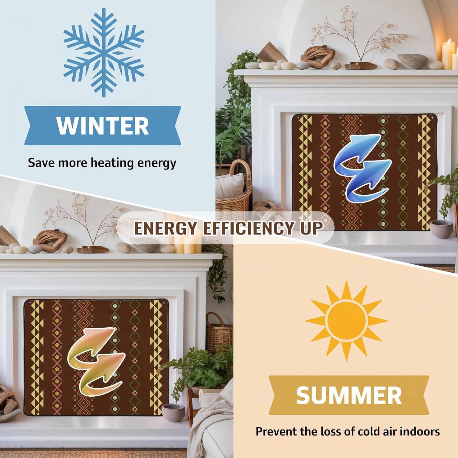 Magnetic Fireplace Cover Brown Boho Geometric Fireplace Screen Decorative Bohemian Tribal Stripes Insulation Fireplace Blocker Save Energy Fireplace Draft Stopper Covers for Living Room 36x30 Inch