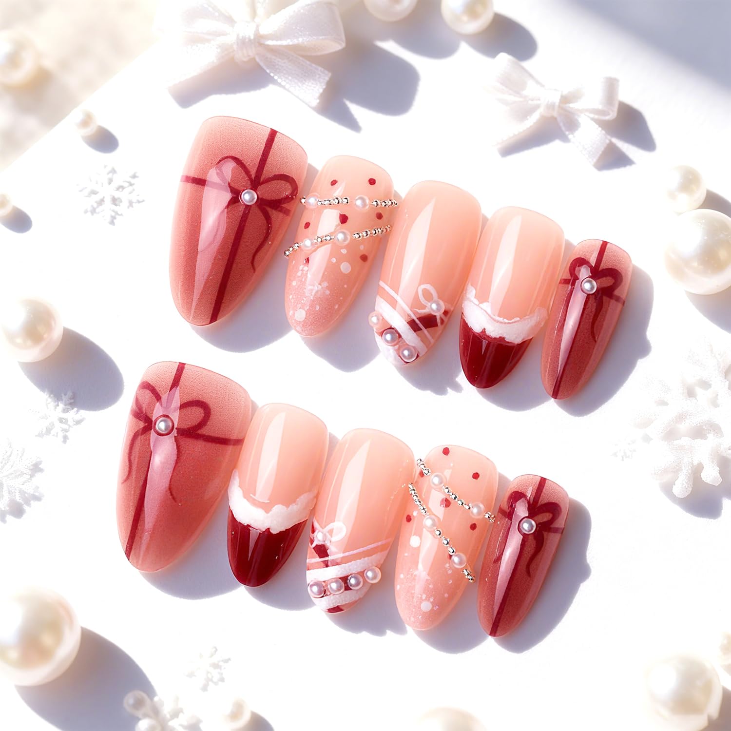30Pcs Cute Christmas Press on Nails Medium Almond Fake Nails Red Bow False Nails 3D Rhinestones Pearls Chain Charms Design Stick on Nail Red French Tip Glue on Nails Blush Artificial Nail for Women