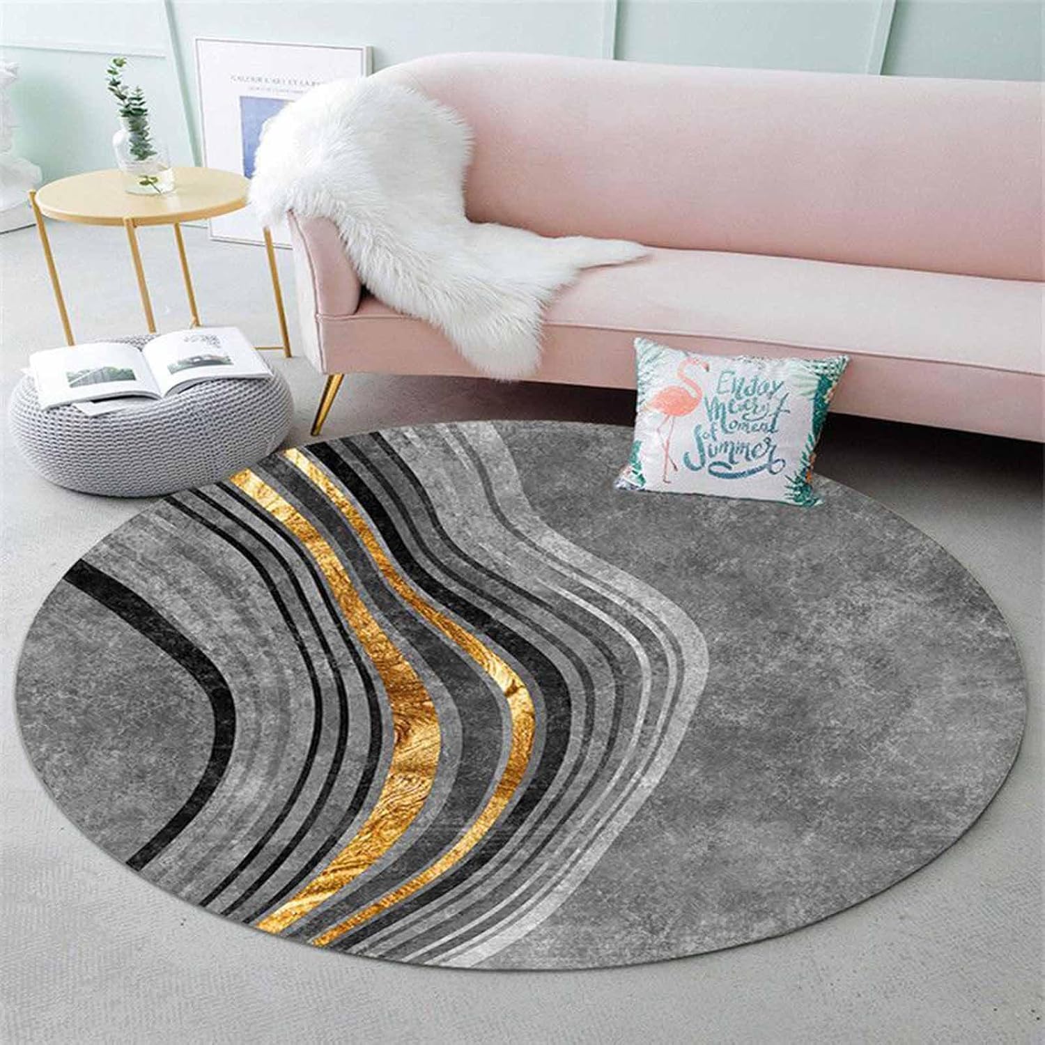 Tapis de couloir rond jaune moutarde géométrique antidérapant pour chambre et salon