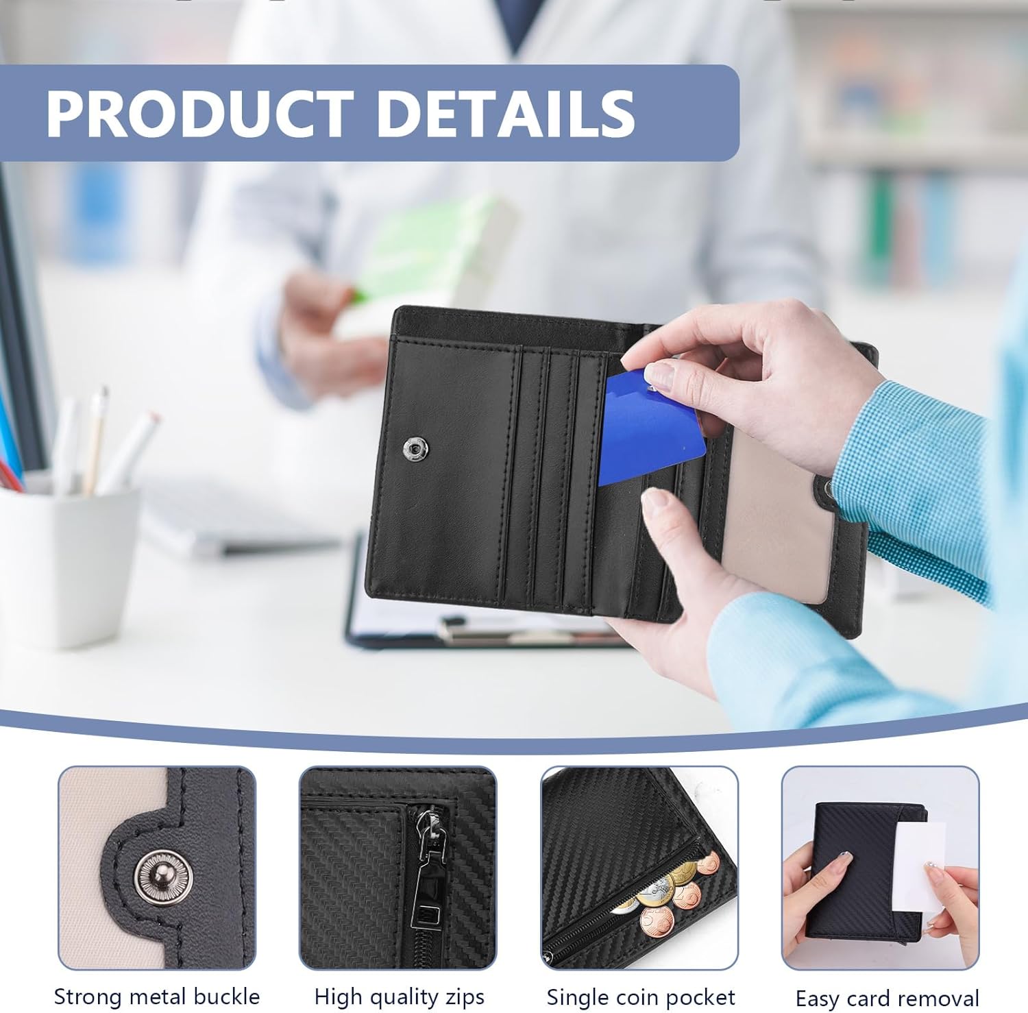 Slim Bifold Wallet for Men with Zipper Coin Pocket, Leather RFID Blocking Pouch, Black Compact Minimalist Front Pocket Wallets for Men with ID Window and 7 Card Slots (Black) - Image 2