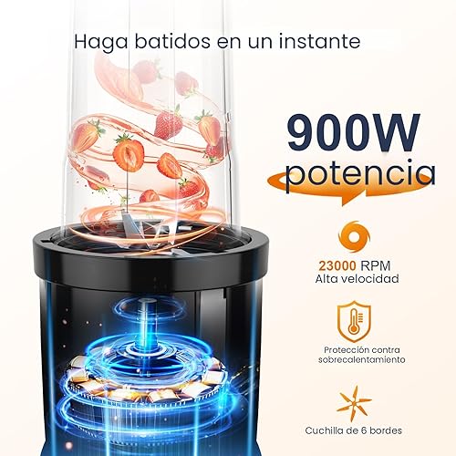 Miniatura 2 de KOIOS Licuadora de batidos de 900 W, licuadora personal para batidos y batidos con 2 botellas portátiles sin BPA de 22 onzas y tapas para llevar,