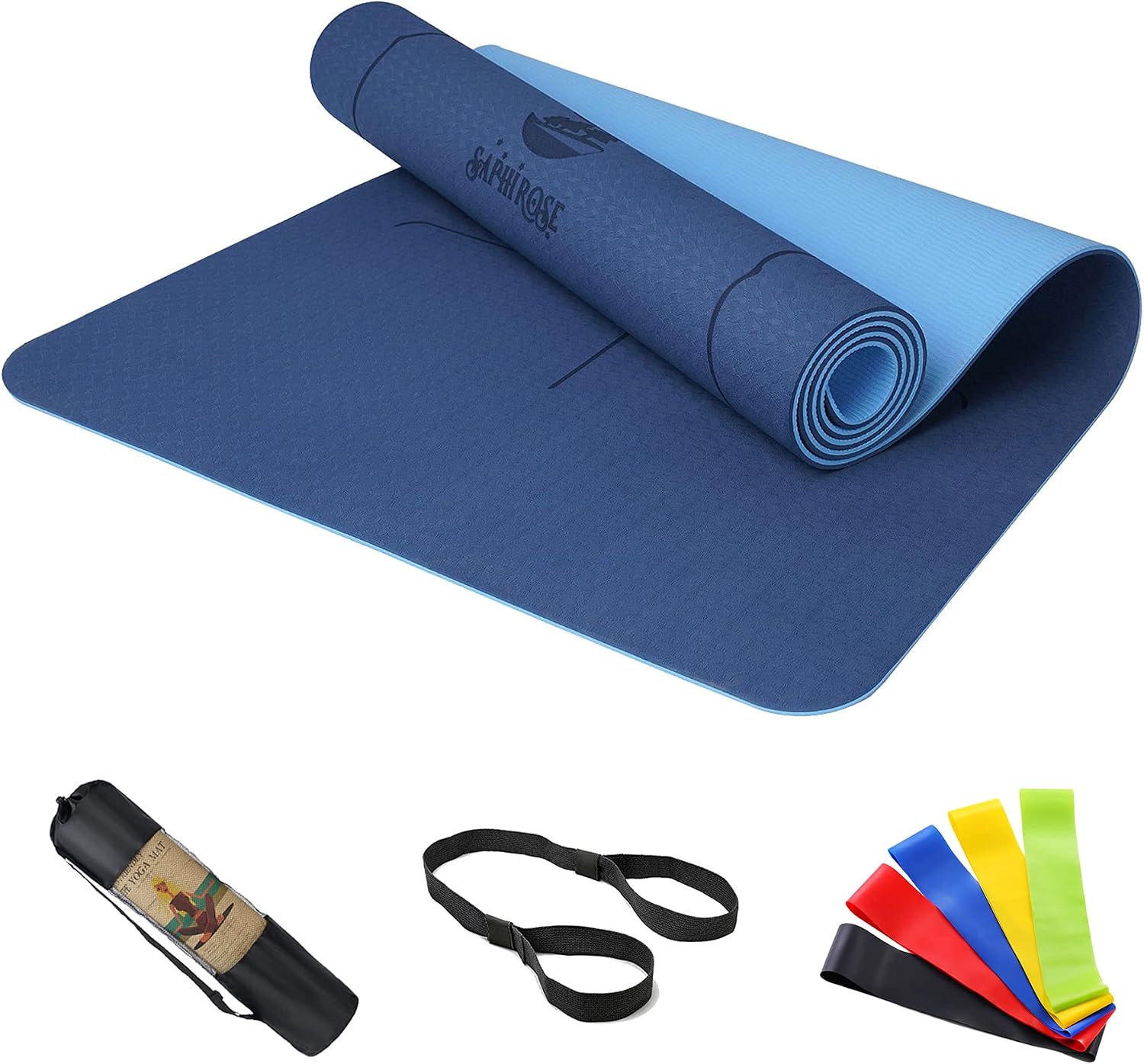 SaphiRose Non-Slip Yoga Mat with Alignment Lines TPE Home Fitness Eco-Friendly Exercise & Workout Mat with Carrying Strap Types of Yoga