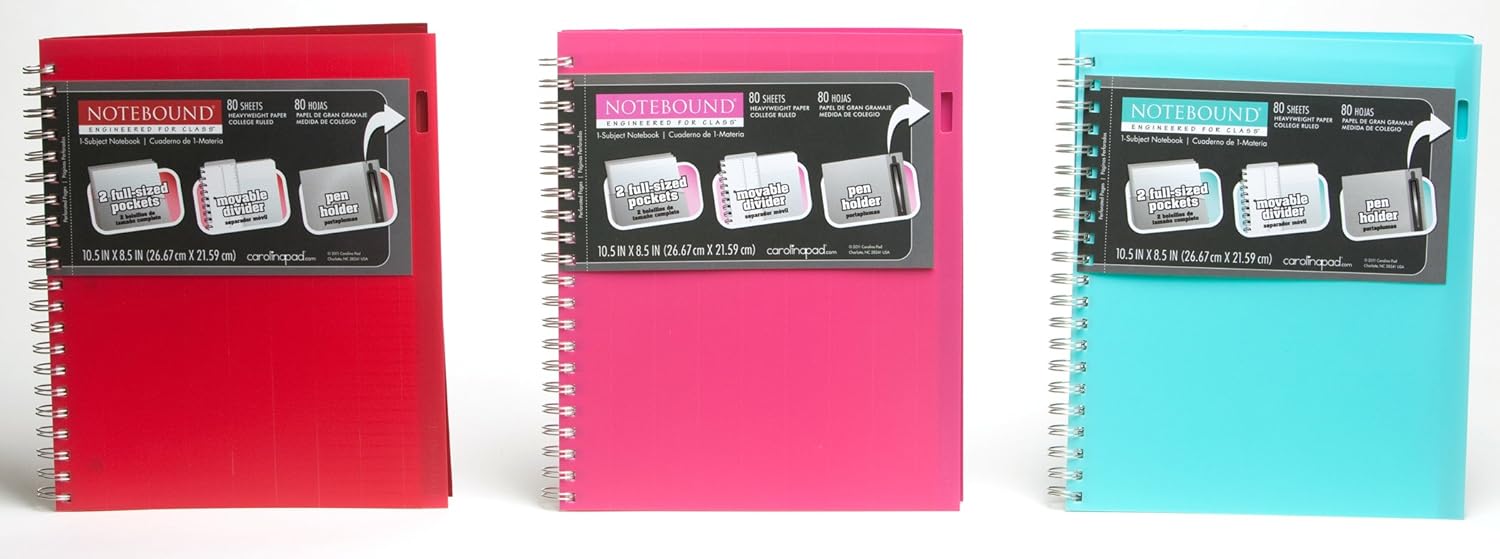 Carolina Pad Notebound Colors 3-Subject Notebooks, 11 x 8.5 Inches, 120 Sheets Each, 6-Count, Colors May Vary (91067)