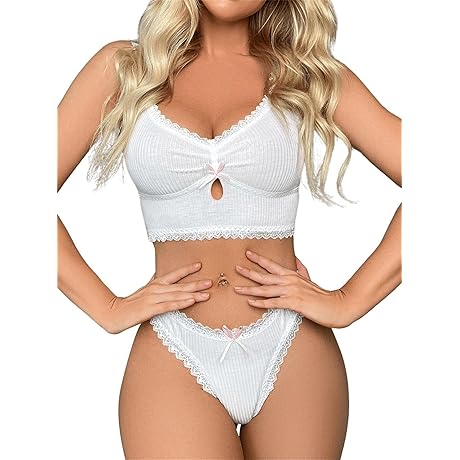 Women's Elegant Lace Trim Bow Deep V Neck Bralette and Thong Lingerie Set