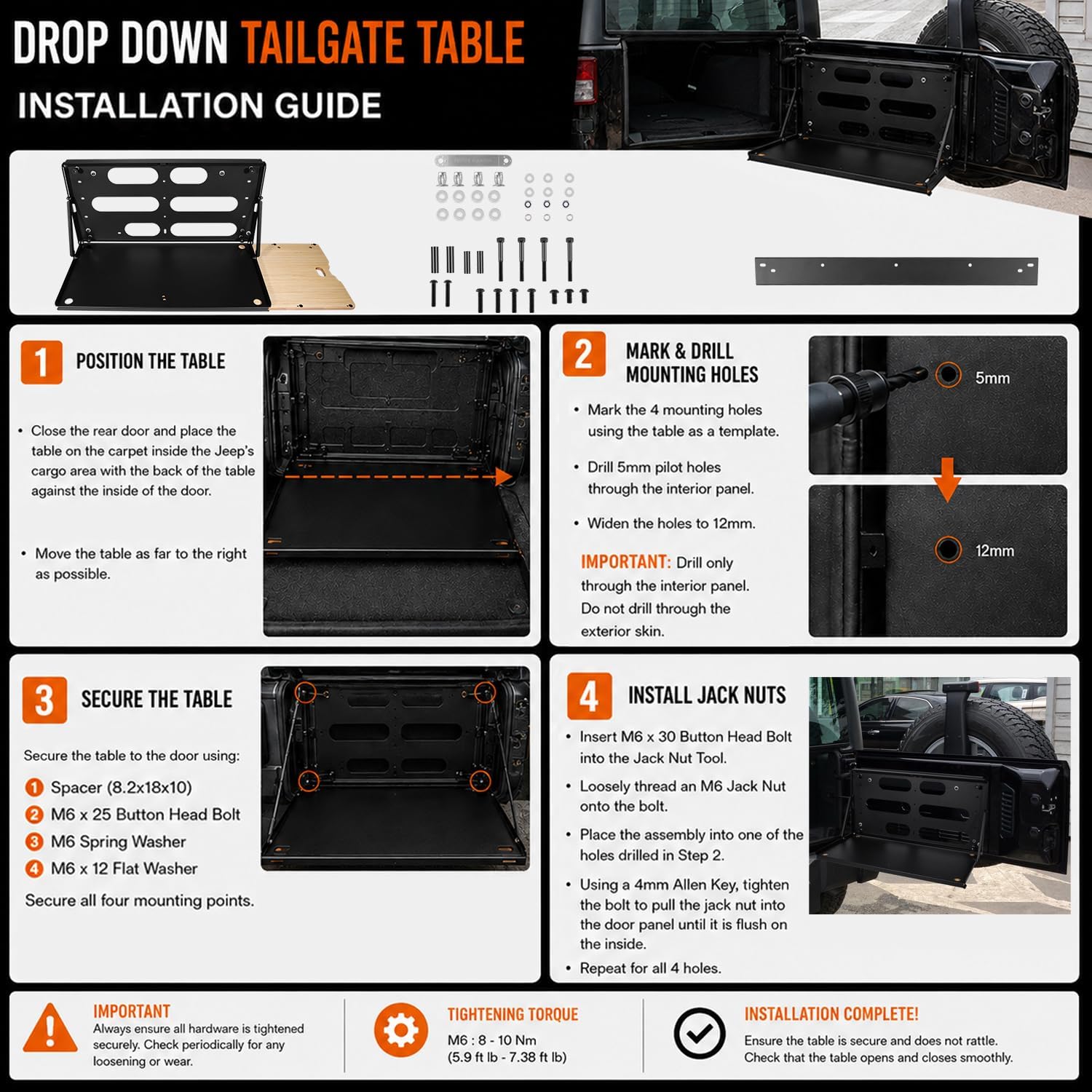 Bonbo Drop Down Tailgate Table for 2007-2026 Jeep Wrangler JK JKU JL JLU