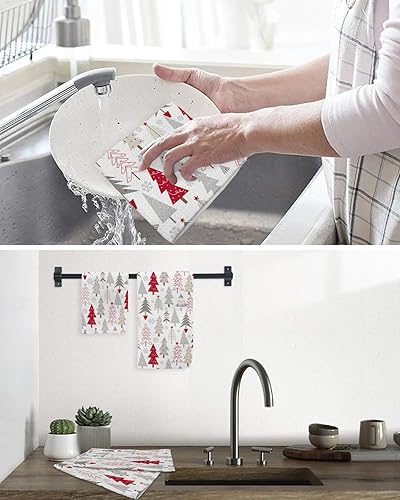 Miniatura 6 de Kitchen Towel 2 Packs Cotton Waffle Weave, Merry Christmas Tree Snowflake Red 16 x 24 Inch Absorbent Quick Drying Dish Towels Clothes for Kitchen