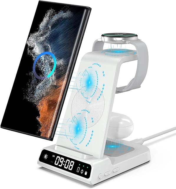 Wireless Charger for Samsung Phone, 3 in 1 Wireless Charging Station with Clock for Samsung S22, Samsung Docking Station for Galaxy Watch 5/4, Samsung S22 5G/S21 FE/S20 FE, Galaxy Buds Pro/2