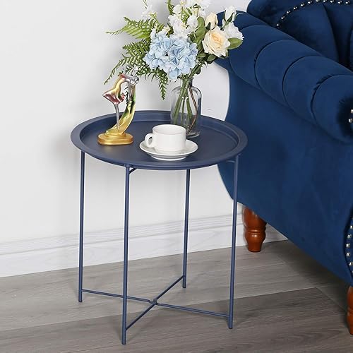 Miniatura 2 de VECELO Mesas auxiliares modernas, bandeja plegable redonda de metal, mesita de noche estable para exteriores, espacio pequeño, sala de estar y