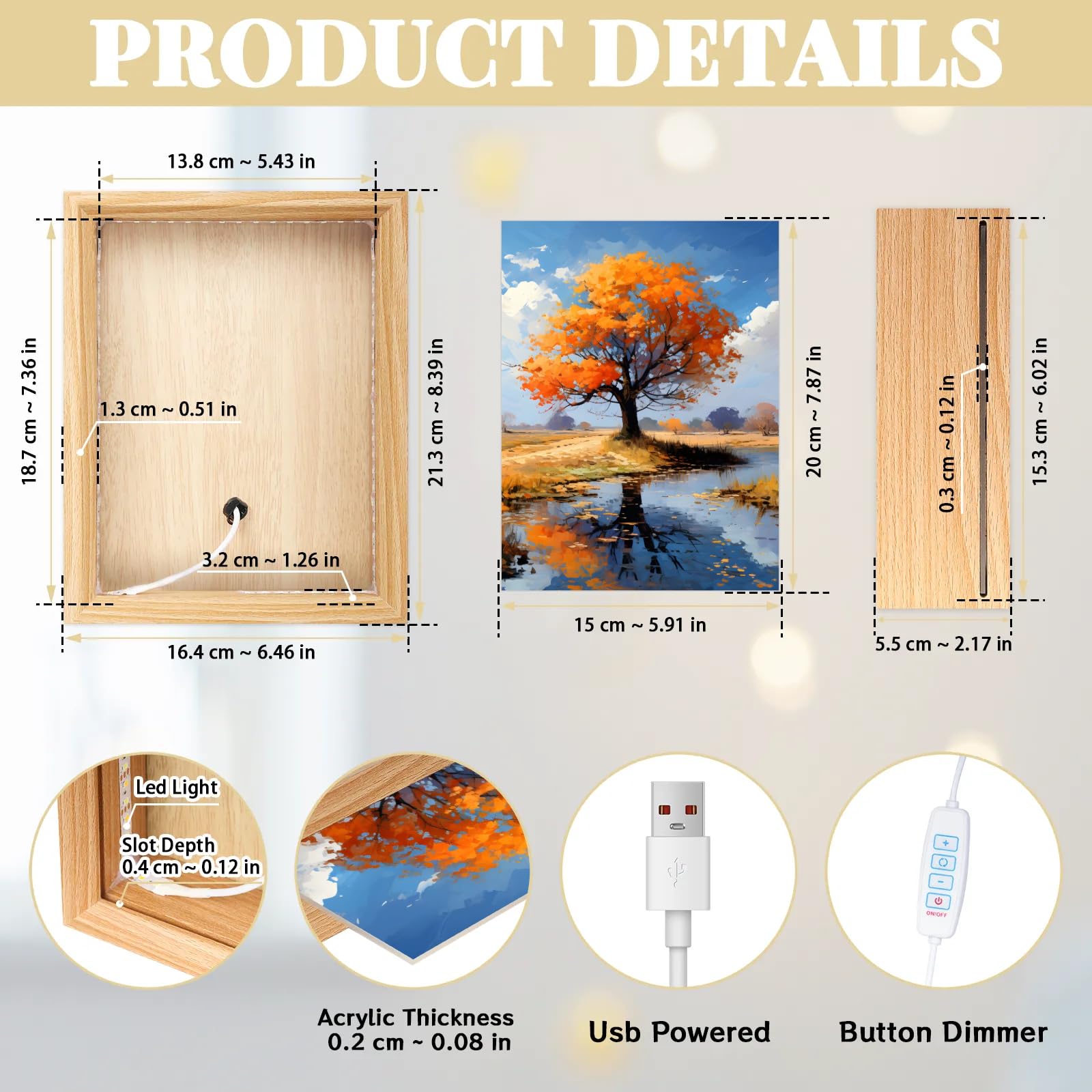 Light Up Painting, Autumn Tree Wall Art Picture Light Artistic Tree Light Up Desktop Art Frame, 10 Brightness, USB Powered, 3 Lighting Modes, Anxiety Relief Decor Gift for Bedroom Home