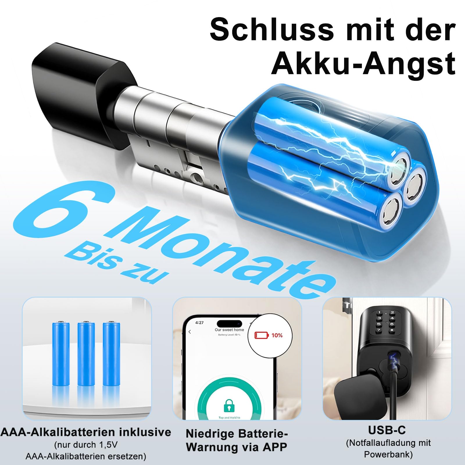 Türschloss Fingerabdruck, Fingerabdruck Schloss, Verstellbare Länge elektronisches türschloss, Smart Lock mit RFID-Karte, App, WLAN, Bluetooth-Entriegelung,Verlängerungszubehör,60–90 mm, schwarz