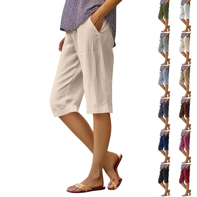 Pedal Pushers for Women Lightweight Elastic High Waisted Linen Capri Pants Straight Leg Bermuda Shorts with Pockets