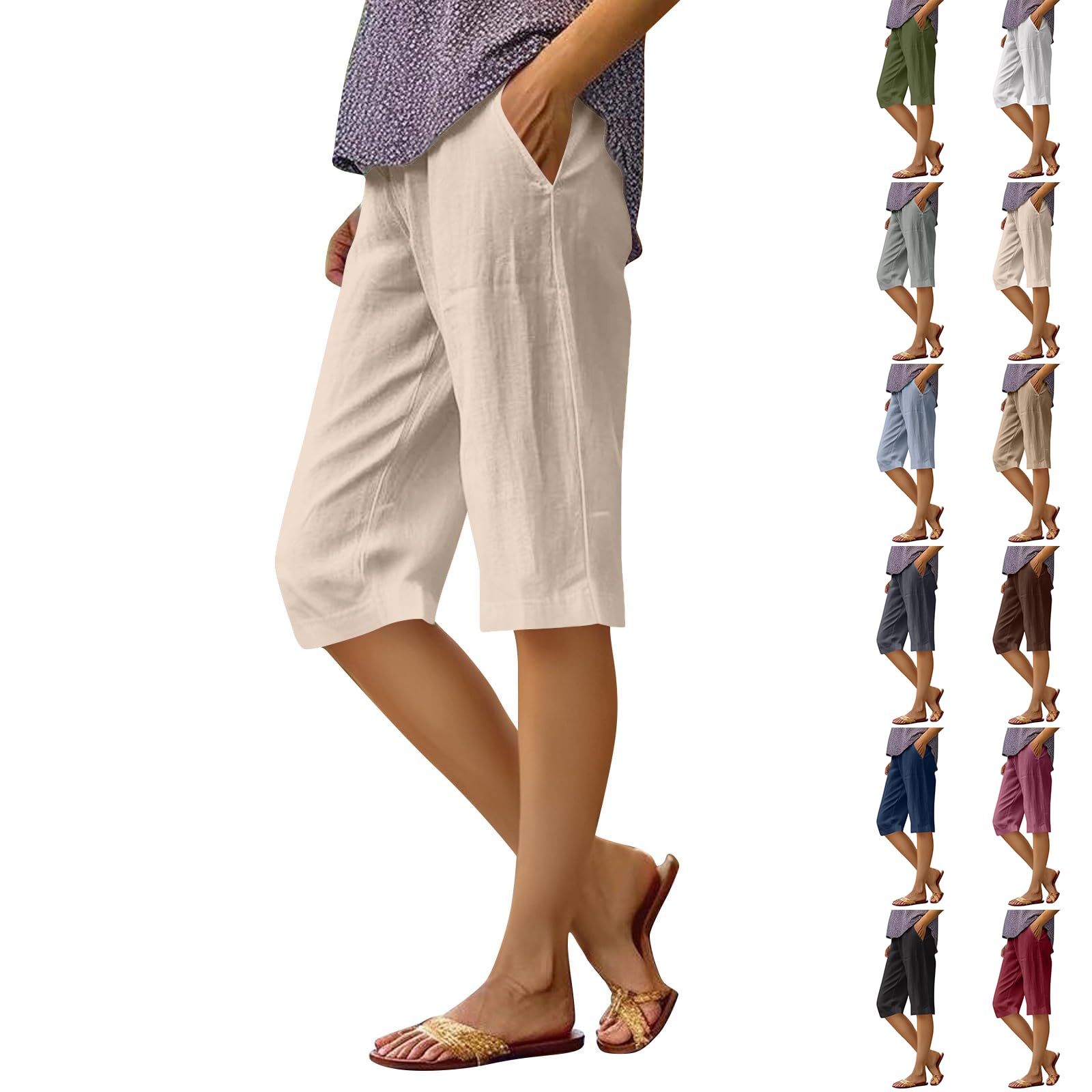 Pedal Pushers for Women Lightweight Elastic High Waisted Linen Capri Pants Straight Leg Bermuda Shorts with Pockets