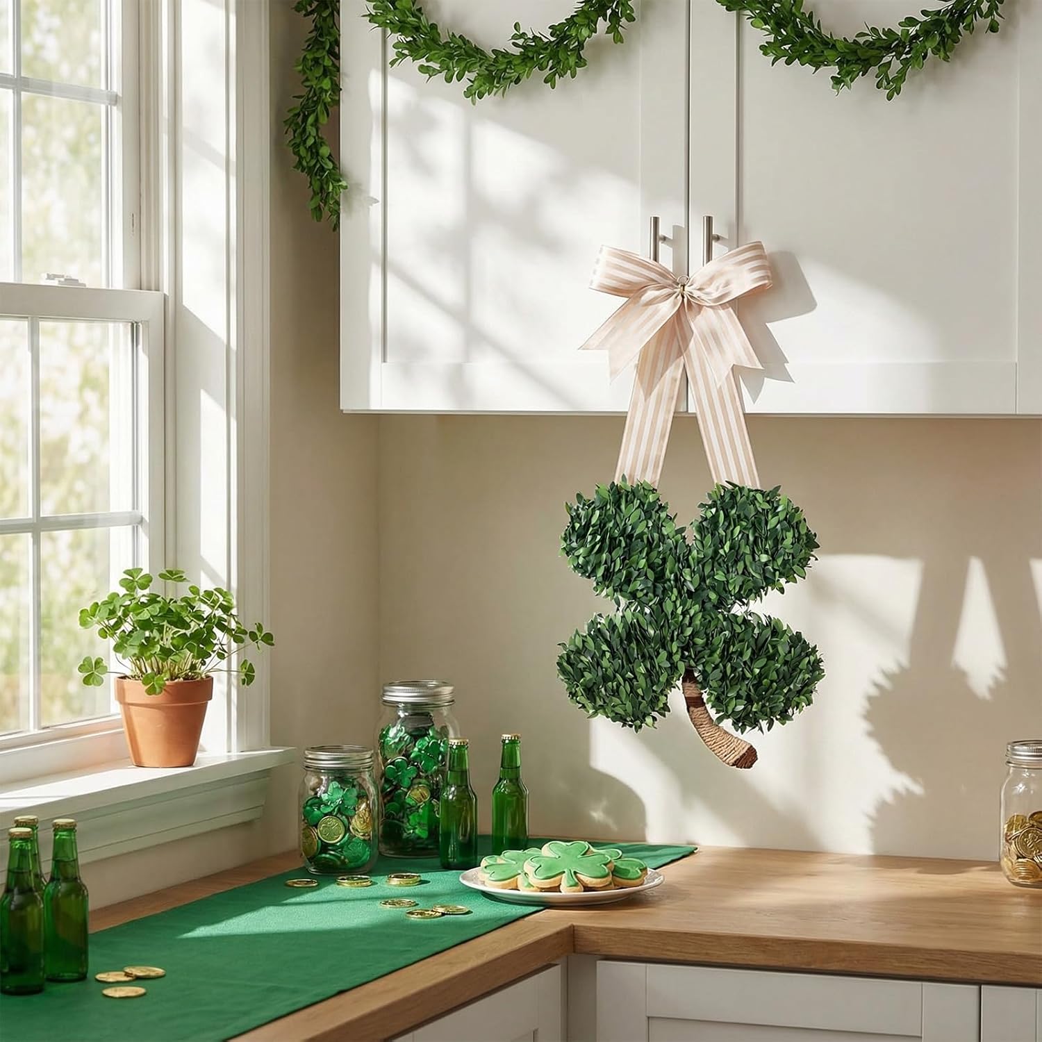 4 Pack St. Patrick's Day Shamrock Wreaths for Front Door 17" x 9" Spring Lucky Green Clover Irish Door Wreath Decor, Rustic Farmhouse Wall Hanging for Festival, Mantel, Party Decoration