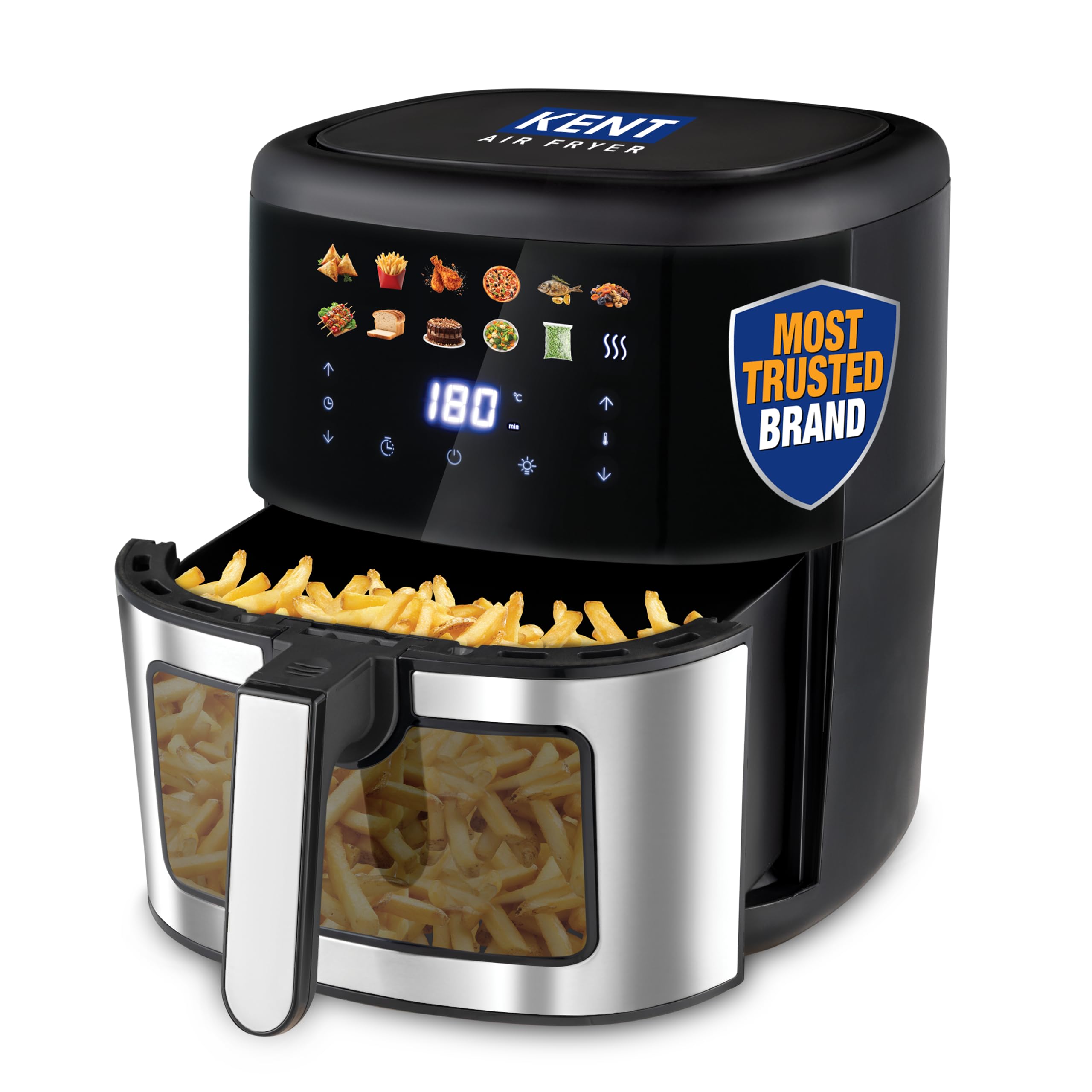 KENT Digital Air Fryer 7L | 1500W | Bake, Grill & Roast | Up to 80% Less Oil Usage | 12 Preset Menu | Digital Display & Touch Control Panel | Glass Window with in built Light | Auto Cut-Off | Silver