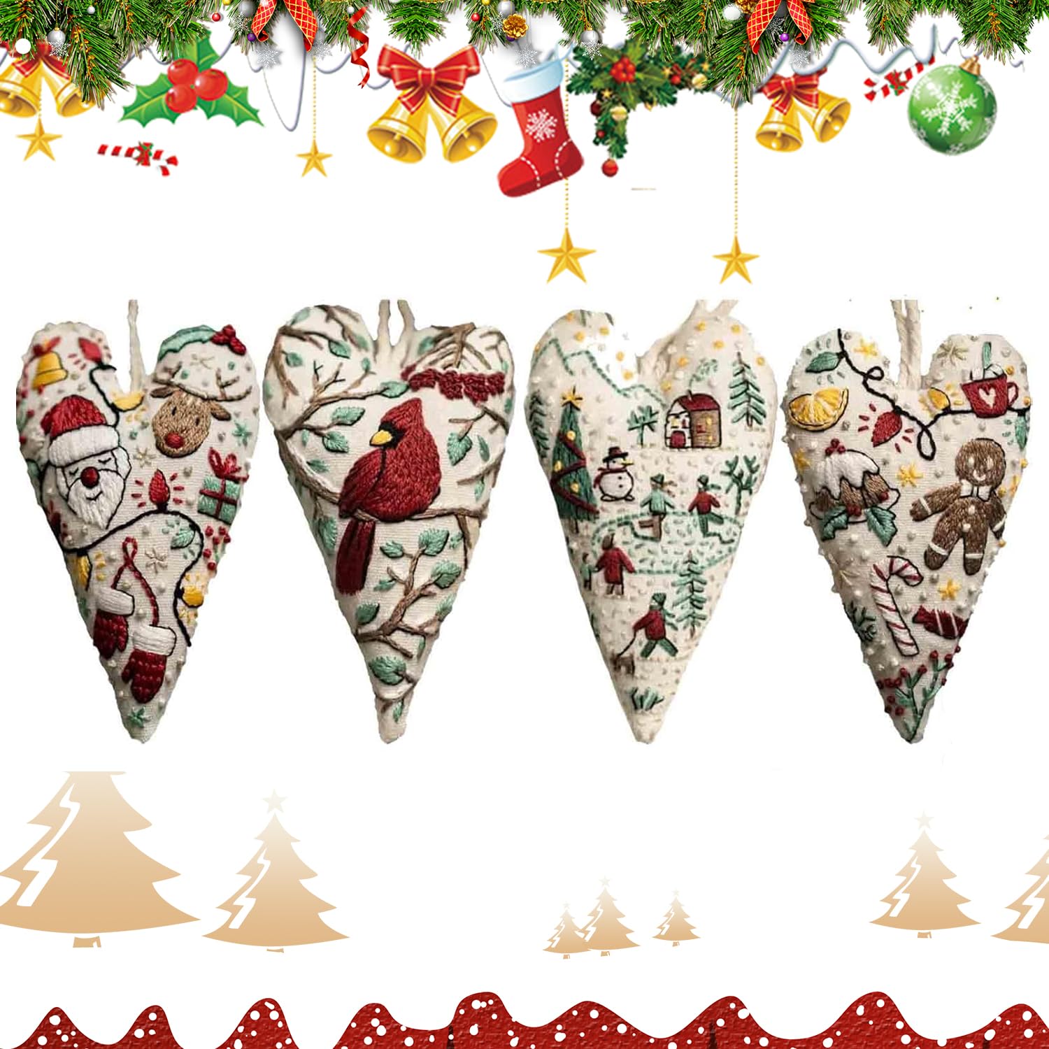 Tedull DIY Heart Embroidery Christmas Decoration,DIY Heart Shaped Hand Embroidered Christmas Ornament Kit,Christmas Embroidery Kit, Christmas Heart Embroidery Kit,for Adults Beginners Starter (ABCD)