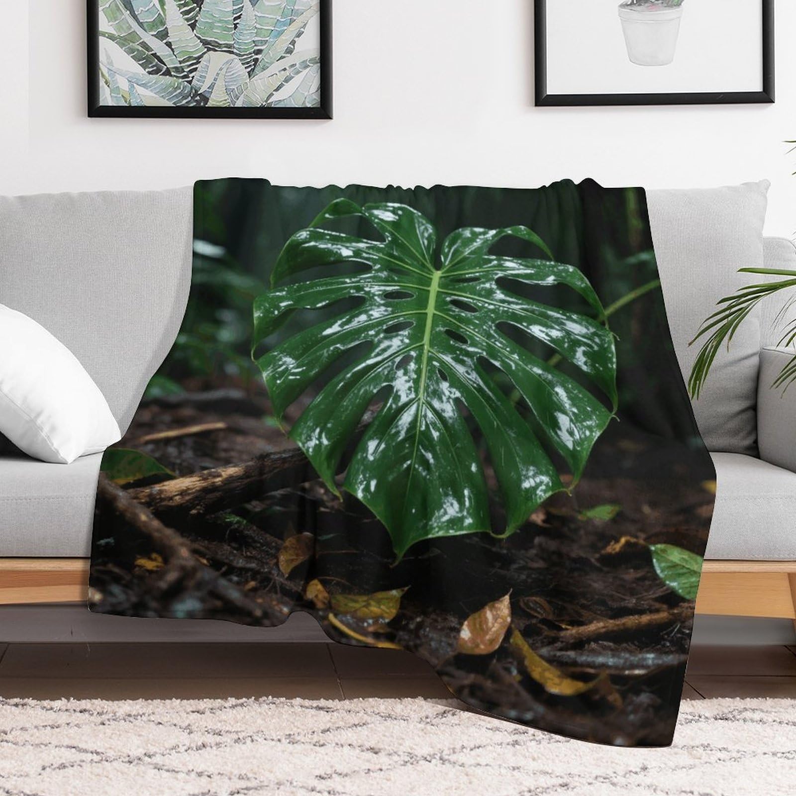 Custom Tropical Green Leaf Blanket Lightweight Flannel Fleece Throw for Couch Sofa Bed Luxury Soft Cozy Plush Lap Bedtime Blanket for All Seasons Bedroom Home Decor Gifts 60x80