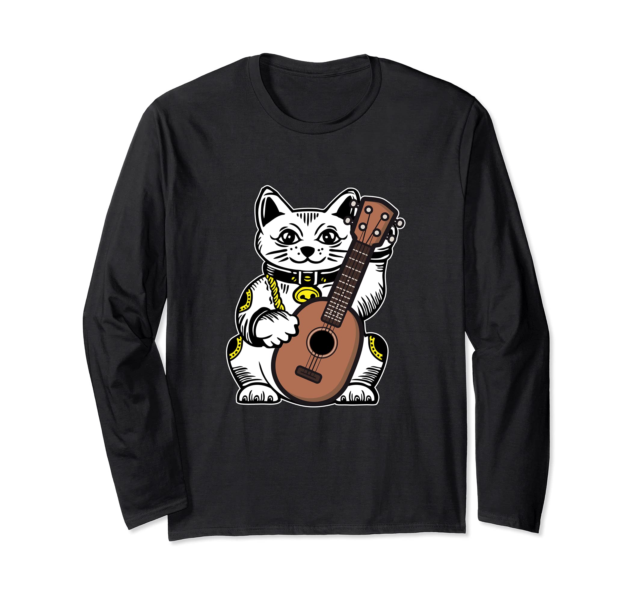 Fortune Cat Guitar Uke Musician Hawaii Hawaiian Acoustic Long Sleeve T-Shirt, Black