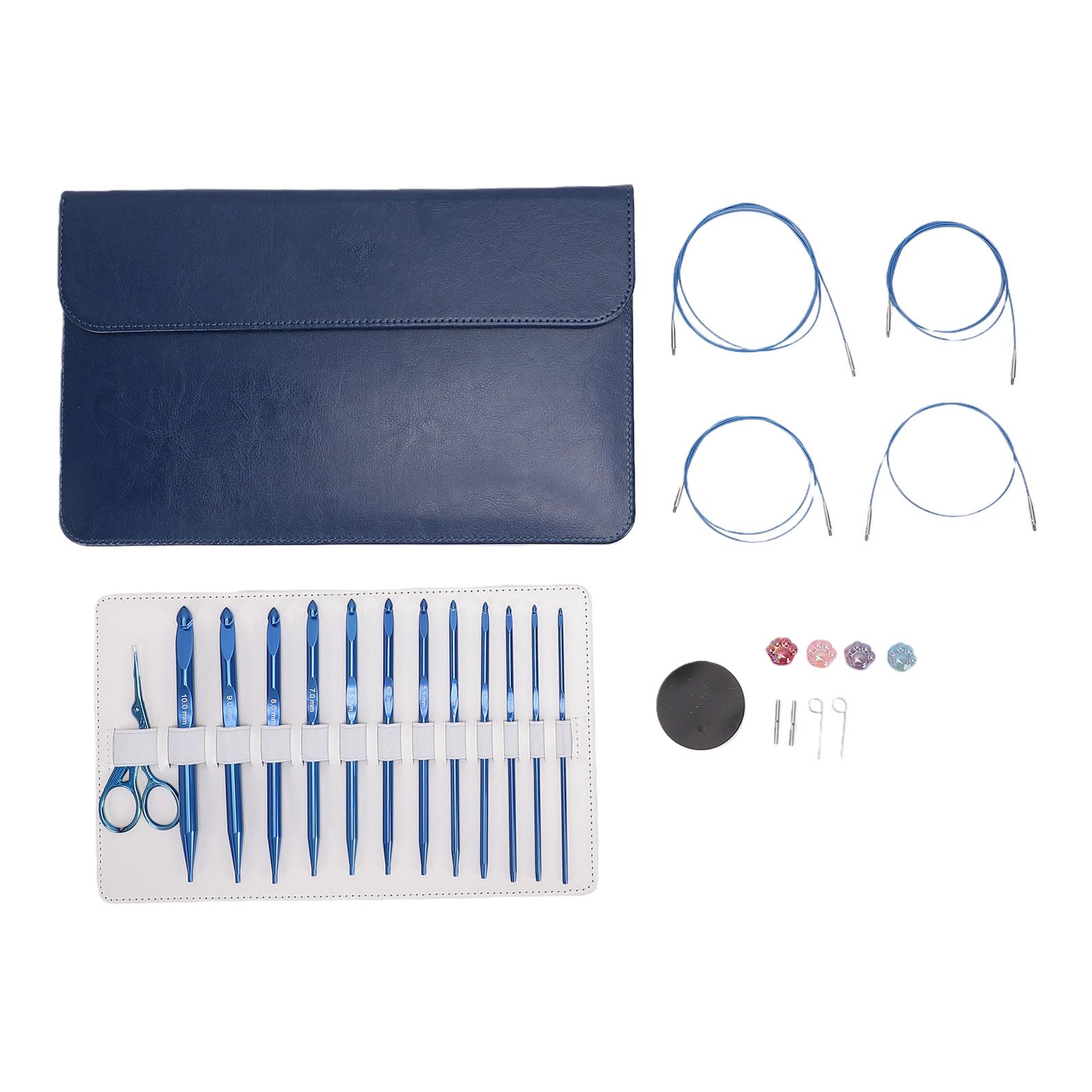 Rengue 12-teiliges Blaues Tunesisches Häkelnadel-Set aus Aluminium, 3,0–10,0 Mm, Austauschbare Nadeln mit 4 Kabeln, Ergonomisches Afghanisches Häkelset für Decken, Schals, Dekor
