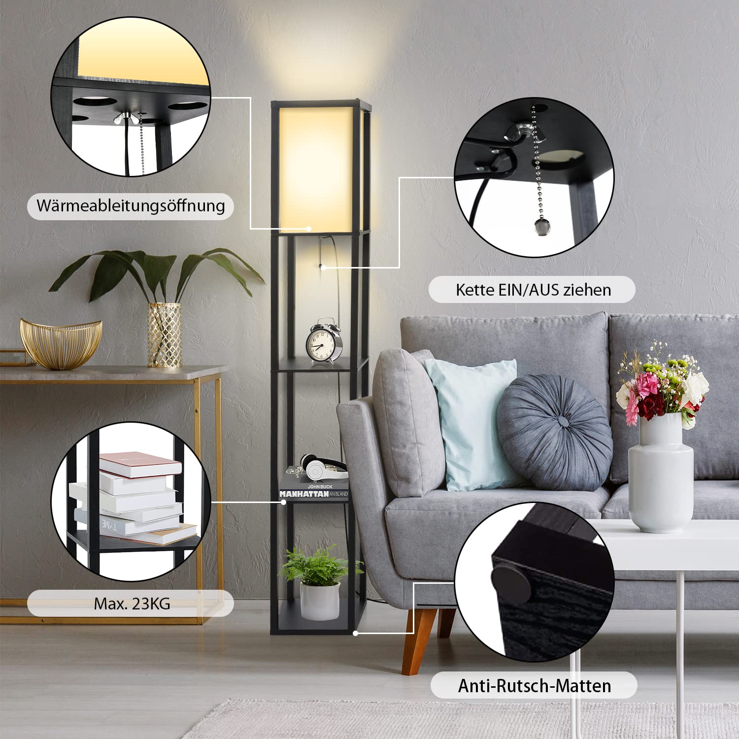 Fullwatt Stehlampe mit Holzregal Innenbeleuchtung Holz Stehleuchte mit Regalen für Schlafzimmer und Wohnzimmer (schwarz)