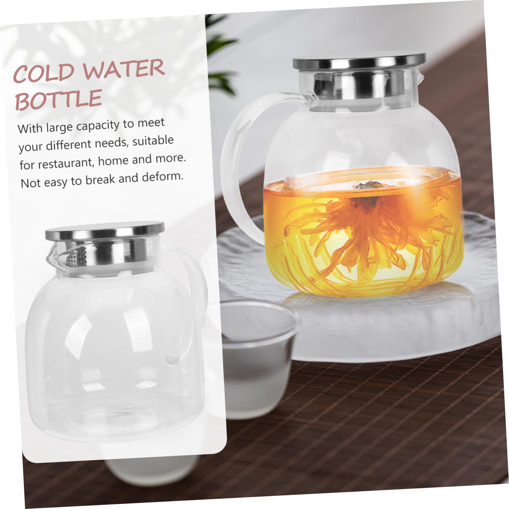 Jarra de Vidrio y Acero Inoxidable con Tapa para Agua Fría y Jugos, Capacidad 1300ml, Portátil y Duradera, Adecuado para Muchas Ocasiones Servir Bebidas