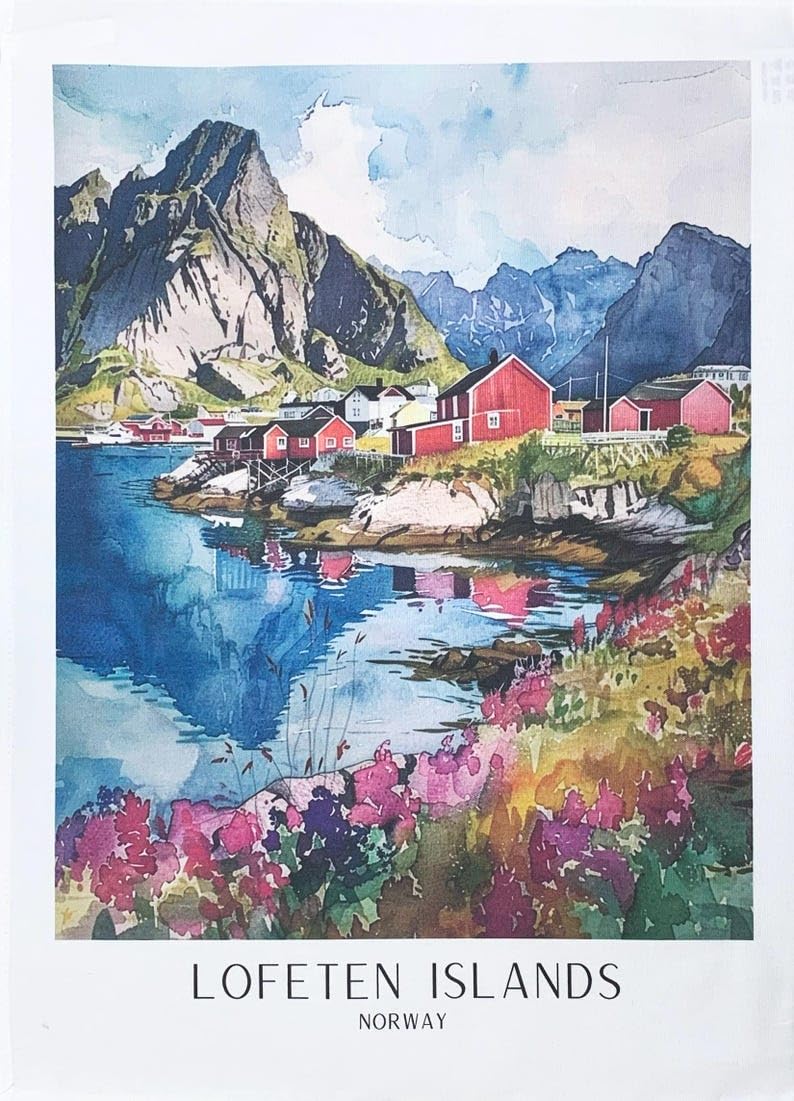 Half a Donkey Loferen Islands Norway large colourful cotton tea towel