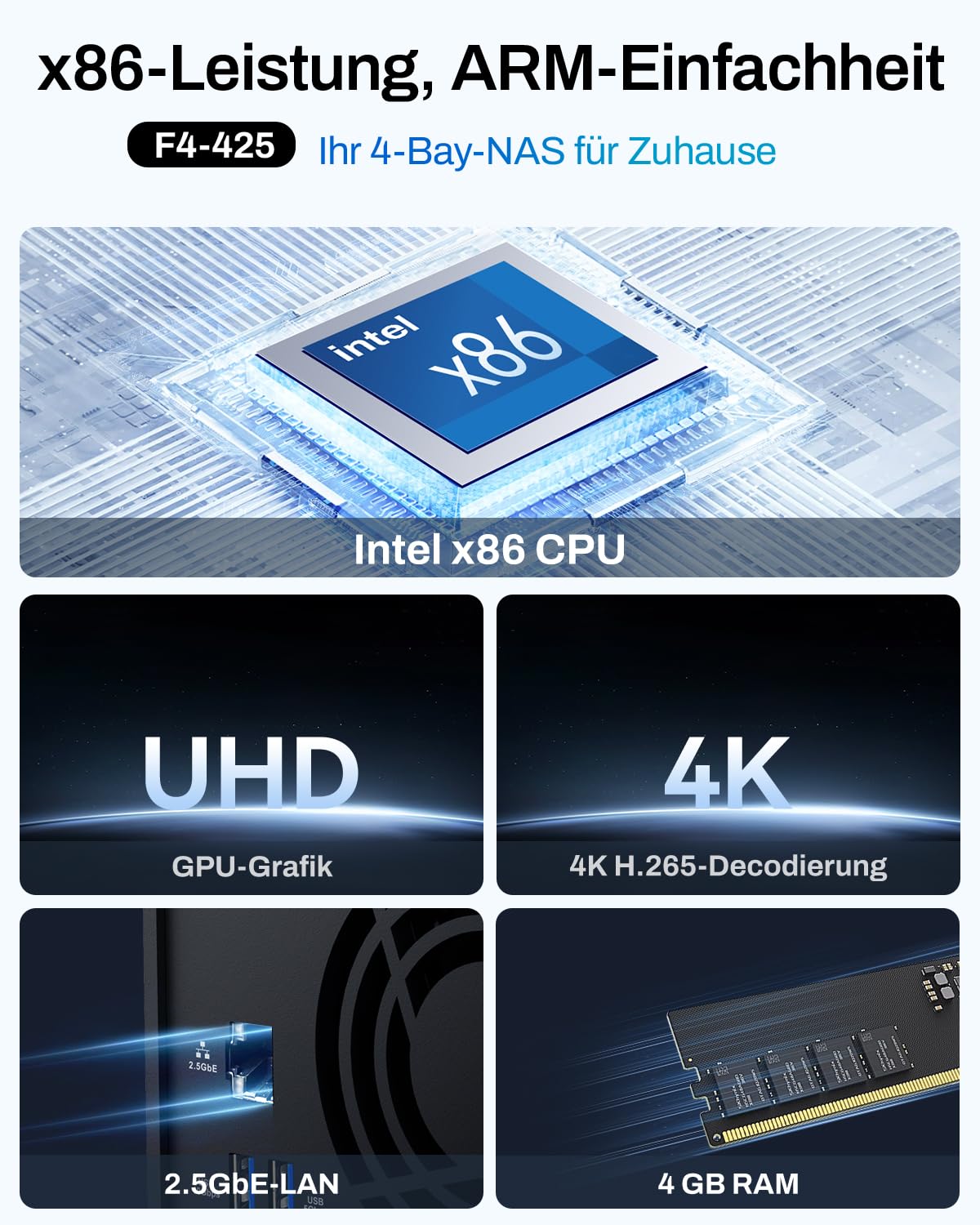 TERRAMASTER F4-425 4-Bay NAS-Speicher mit Intel x86 Quad-Core CPU, 4 GB RAM, 2,5 GbE LAN, Multimedia-Server für Privatanwender zur Netzwerkspeicherung (ohne Festplatte)