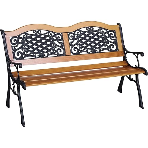 Outsunny 50" Outdoor Garden Bench, Park Bench with Pine Wood Seat, Antique Plastic Flourish Backrest, Patio Loveseat for Porch, Backyard, Deck, Lawn, Outside Pool, Antique Green and Natural Wood