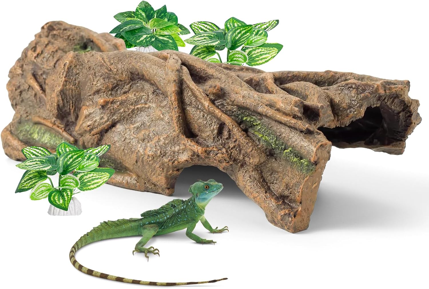 Lizard Snake or Reptile Hide, Large Reptile Hideout Hollow Tree Trunk Ornament Bearded Dragon or Gecko Tank Accessories Terrarium Decor with Peek-Through Hole