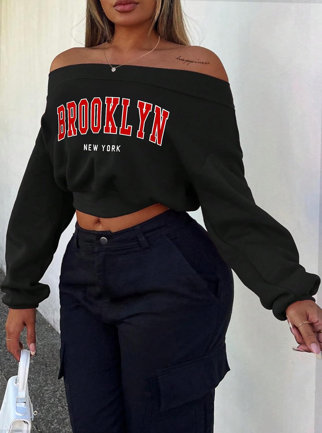 Hilinker Women's Graphic Off Shoulder Crop Sweatshirt Casual Loose Long Sleeve Pullover Tops - Image 3