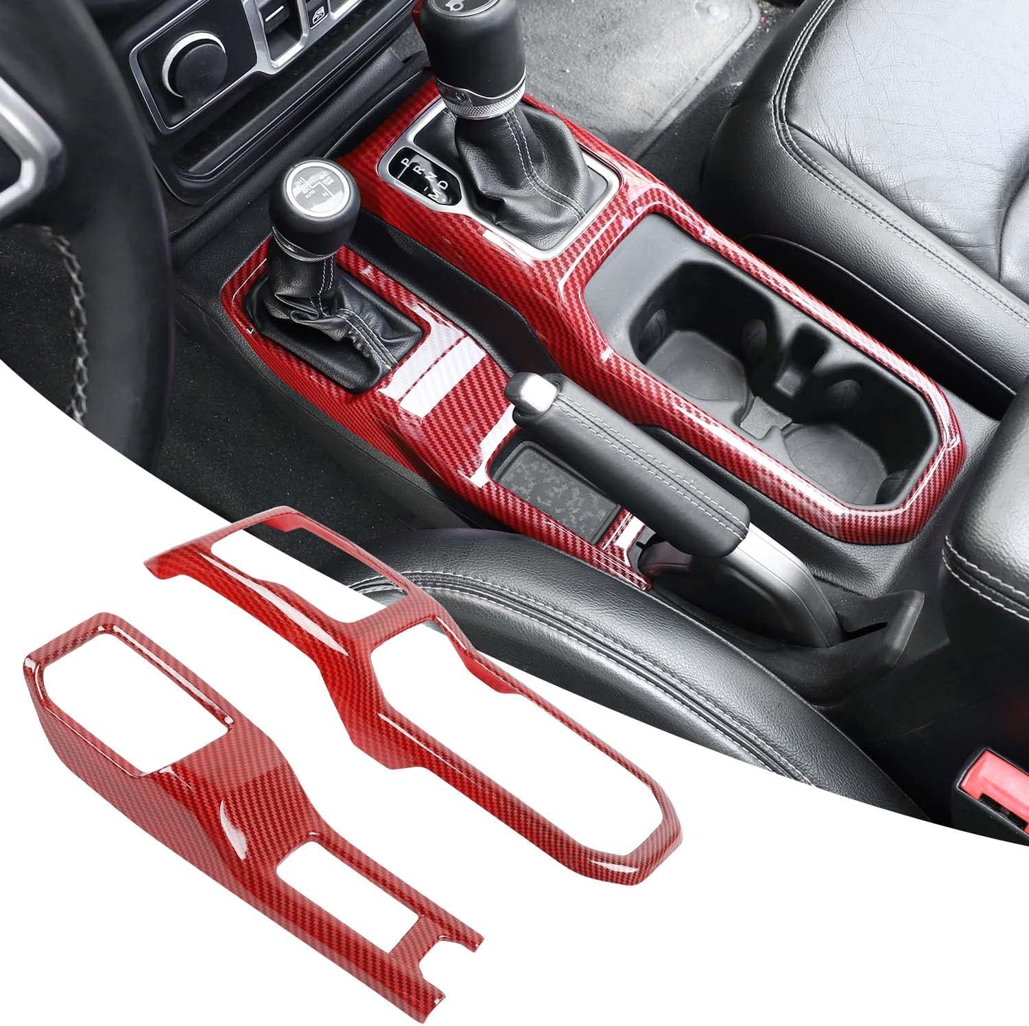 RT-TCZ Center Console Gear Shift Panel Trim Cover 4WD Four Wheel Drive Cup Holder Panel Trim Cover Decoration Interior Accessories for Jeep Wrangler JL JLU & Gladiator JT 2018-2024,Red Carbon Fiber