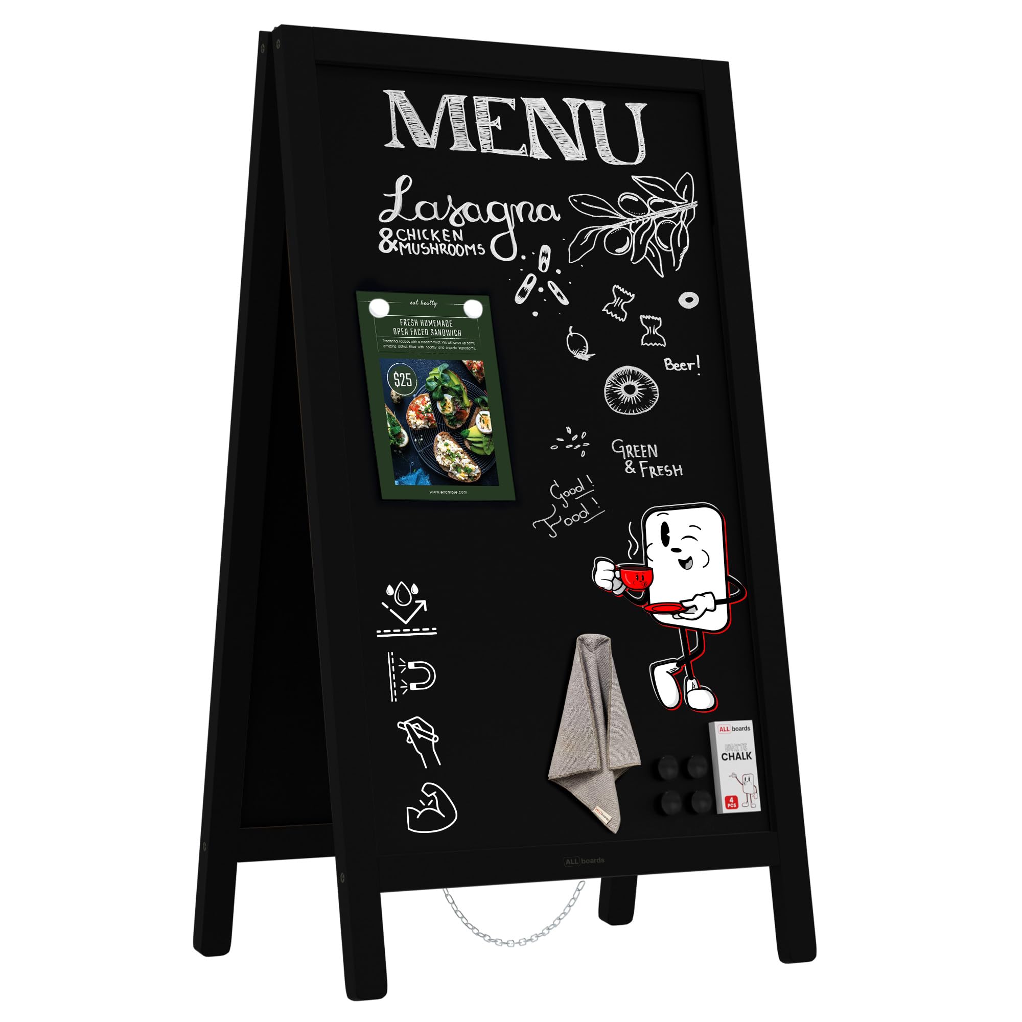 ALLboards Magnetischer Kundenstopper mit Kreideoberfläche, wasserfest 80x45 cm, SCHWARZ