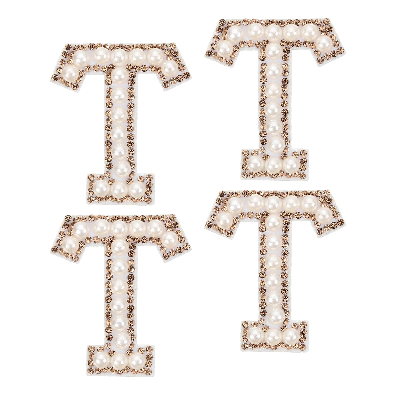 uxcell 10Pcs Iron on Letters Patches, Letter T Rhinestone Pearl Alphabet Applique English Letter Sew on Patch for DIY Clothing Hat Bag, White Gold