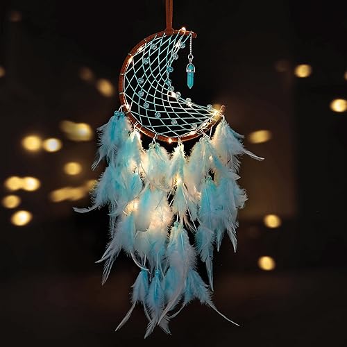 Dremisland Moon Dream Catcher with Fairy Lights-Handmade Feather Lucky Turquoise Pendant Beads Wall Hanging Ornament for Kids Bedroom Home Decoration,Art Craft Gift. (Sky Blue)
