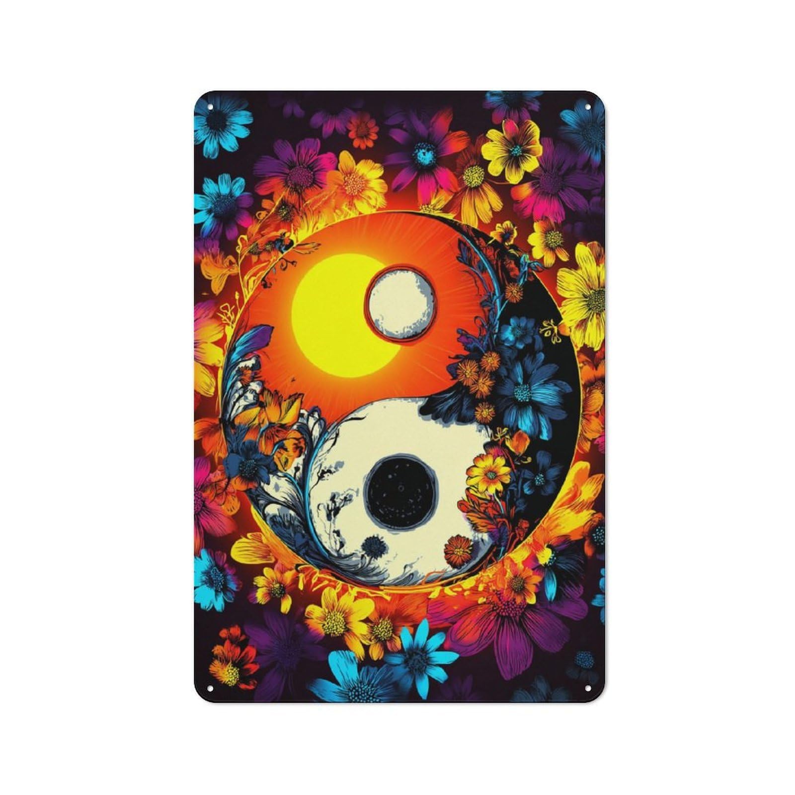 Junmoney Yin Yang Harmony In Flowers -1 Metal Wall Plaque With Design 30X20cm, Retro Small Space Decor For Flat, Dorm Room, Lounge Or Cafe