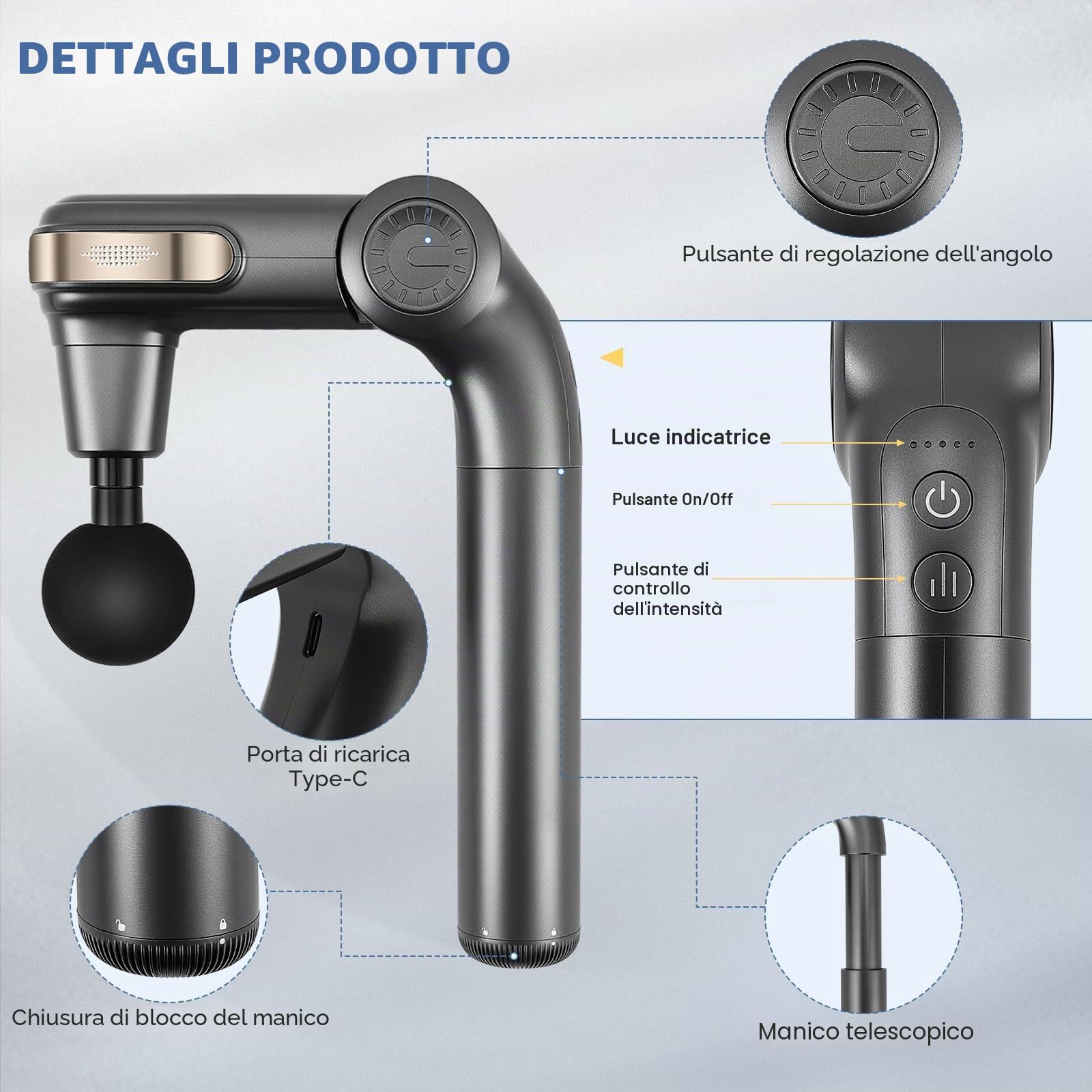 Pistola Massaggiante per Tessuti Profondi – 3 Angolazioni Regolabili, 4 Accessori, 5 Velocità – Massaggiatore Muscolare Portatile (2800 RPM) per Casa, Palestra e Rilassamento Muscolare