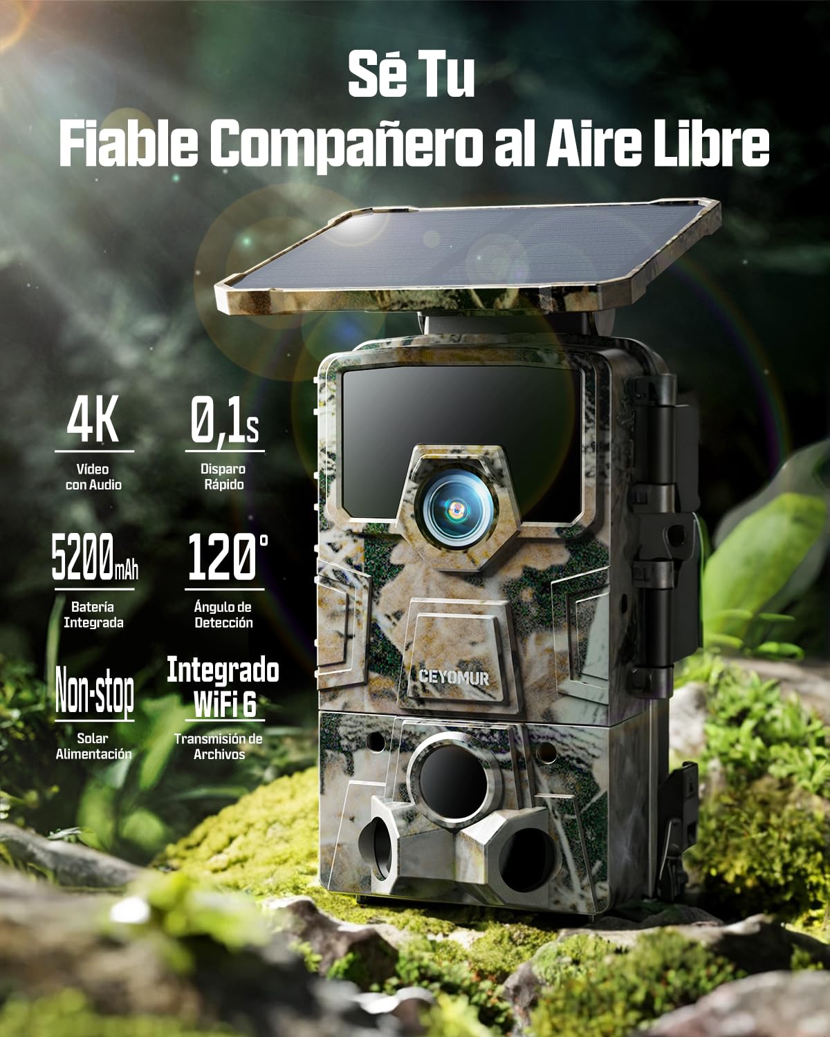 CEYOMUR 4K UHD Cámara de Caza Nocturna Solar WiFi 6 con Detección 120°, Batería 5200 mAh, IP66