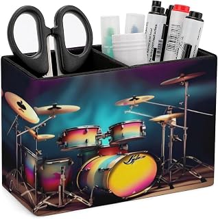 Cool Drums Set Desk Organizer Pen Holder with 2 Slots | PU Leather Pencil Cup Case Box, Non-slip Base, Workspace Desktop Organizer, Tidy for Office Bathroom Dresser Vanity Storage