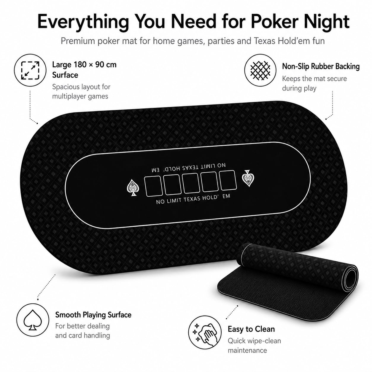 Tappetino da poker 180 × 90 cm, 10 giocatori Texas Hold'em Poker in gomma topper per tavoli, pieghevole portatile tavolo da poker layout con borsa per il trasporto per giochi di poker, blackjack