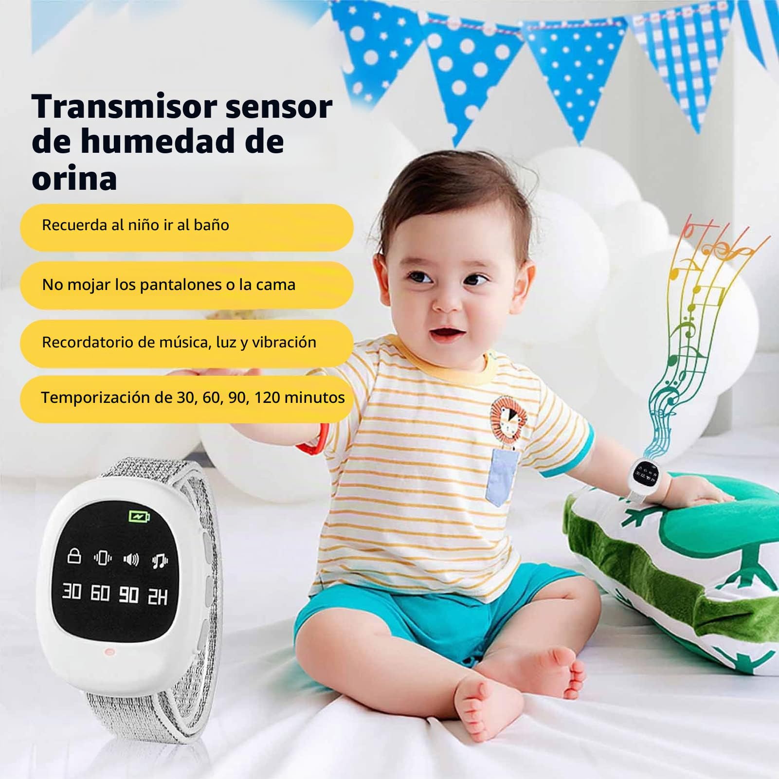 Alarma inalámbrica para la enuresis nocturna: recordatorio con música y vibración con 4 ajustes de tiempo para niños y ancianos. Correa ajustable y tarjeta de registro de motivación.