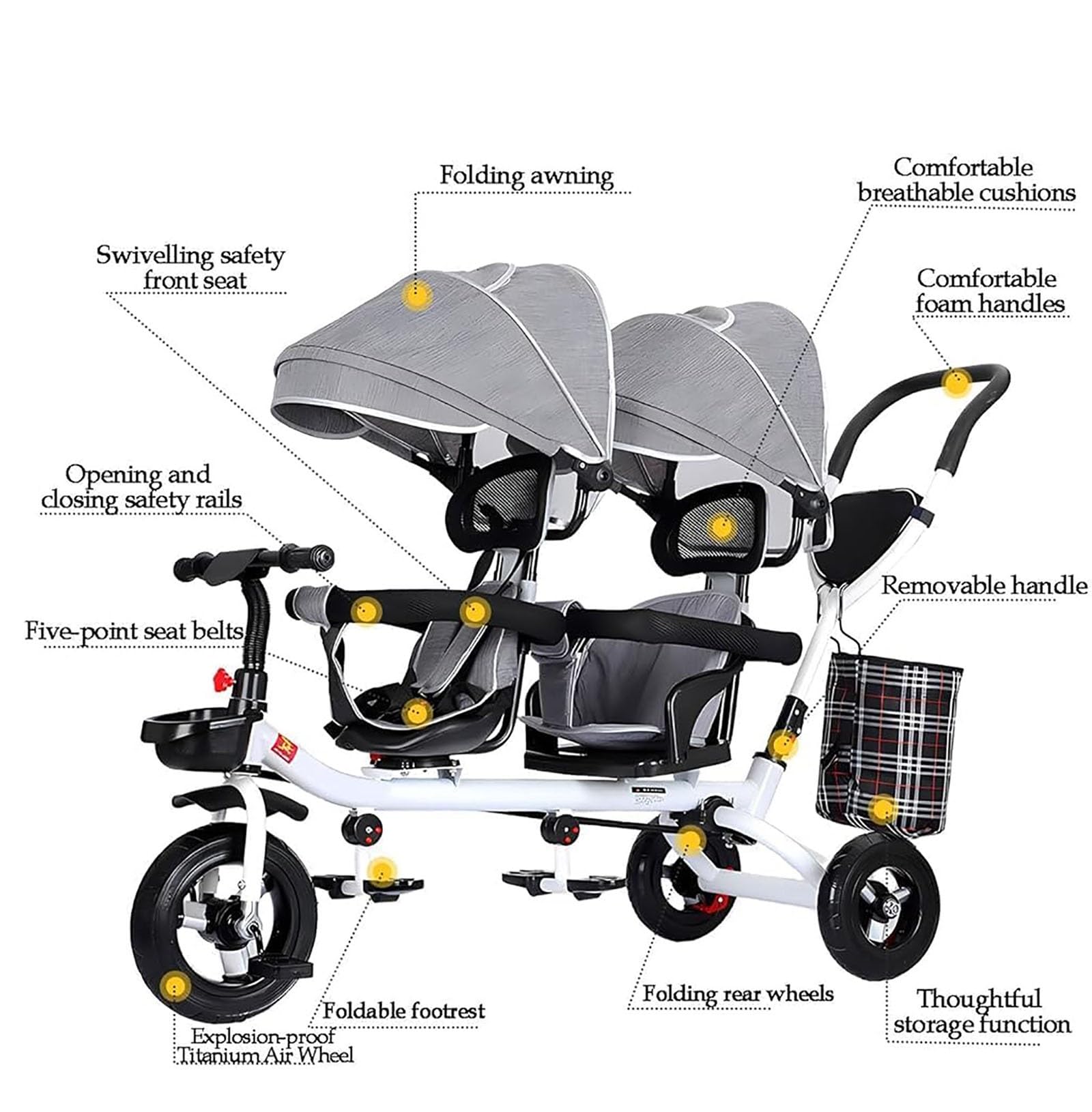Triciclo de bebé 4 en 1para Gemelos, Cochecito Infantil,