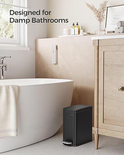 Miniatura 3 de SONGMICS Basurero de baño, 1.3 galones (5 L) pequeño con tapa, delgado para espacios pequeños, cubo de basura de acero inoxidable, cierre suave,