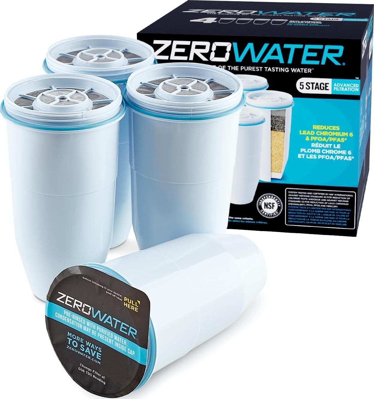 ZeroWater Official 5-Stage Water Filter for Replacement, NSF Certified to Reduce Lead, Other Heavy Metals and PFOA/PFOS, 4-Pack