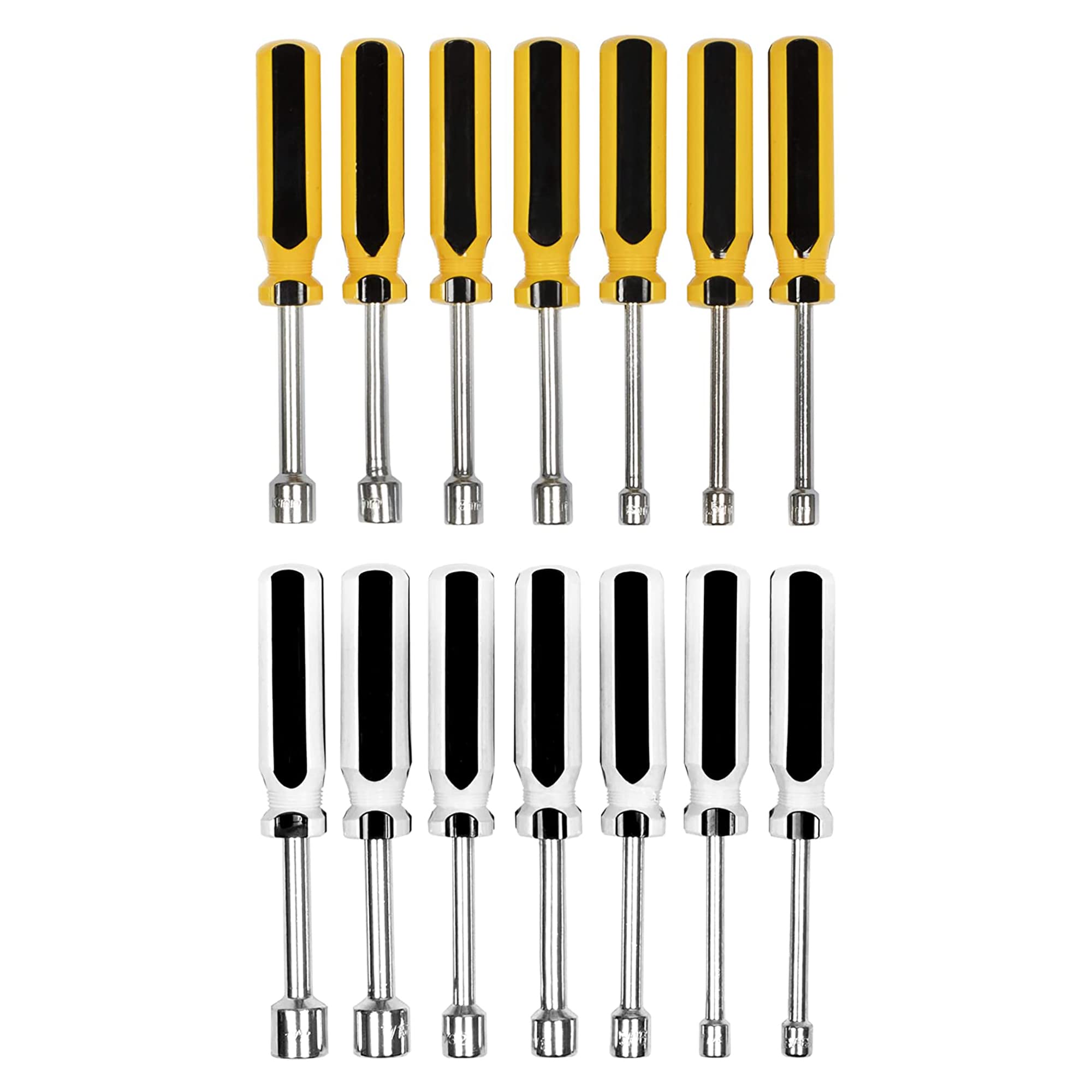 EZ Travel Collection 5.5 Inch Chrome Plated SAE Sizes 3/16 to 1/2 Inch and Metric 5 to 10 mm Nut Driver Set, 14 Piece, Color Coded Handles