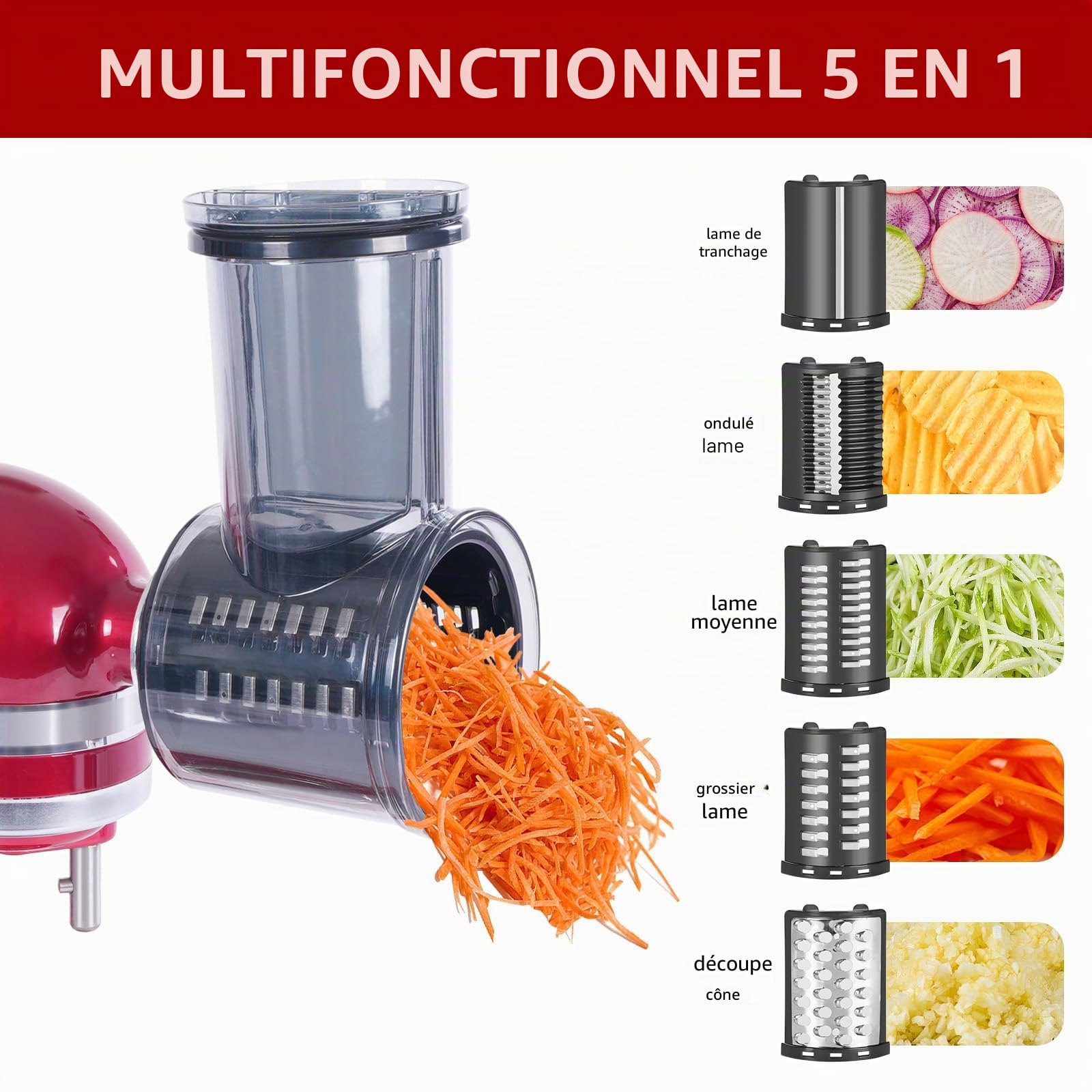 Gdrtwwh Slicer Shredder Accessoire pour mixeur KitchenAid, 5 en 1 râpe à fromage, lames en acier inoxydable, matériau sans BPA, Noir, accessoires de cuisine, trancheuse alimentaire