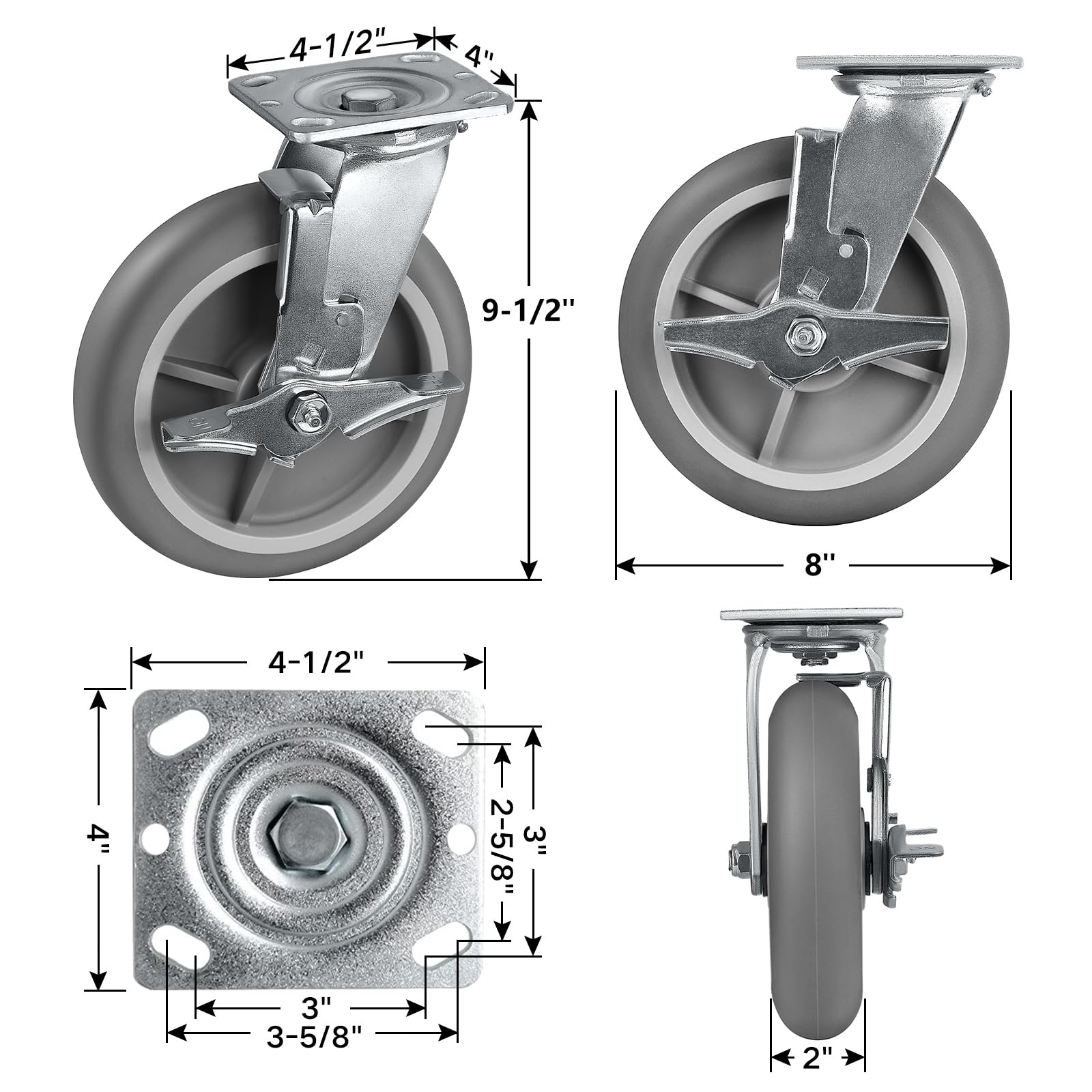 HANDSAMMU 8inch Caster Wheels, Thermoplastic Rubber Wheels(Crown Tread) with Steel Plate, Heavy Duty Casters Set of 4-2800Lbs Capacity (2 Brake & 2 Rigid)