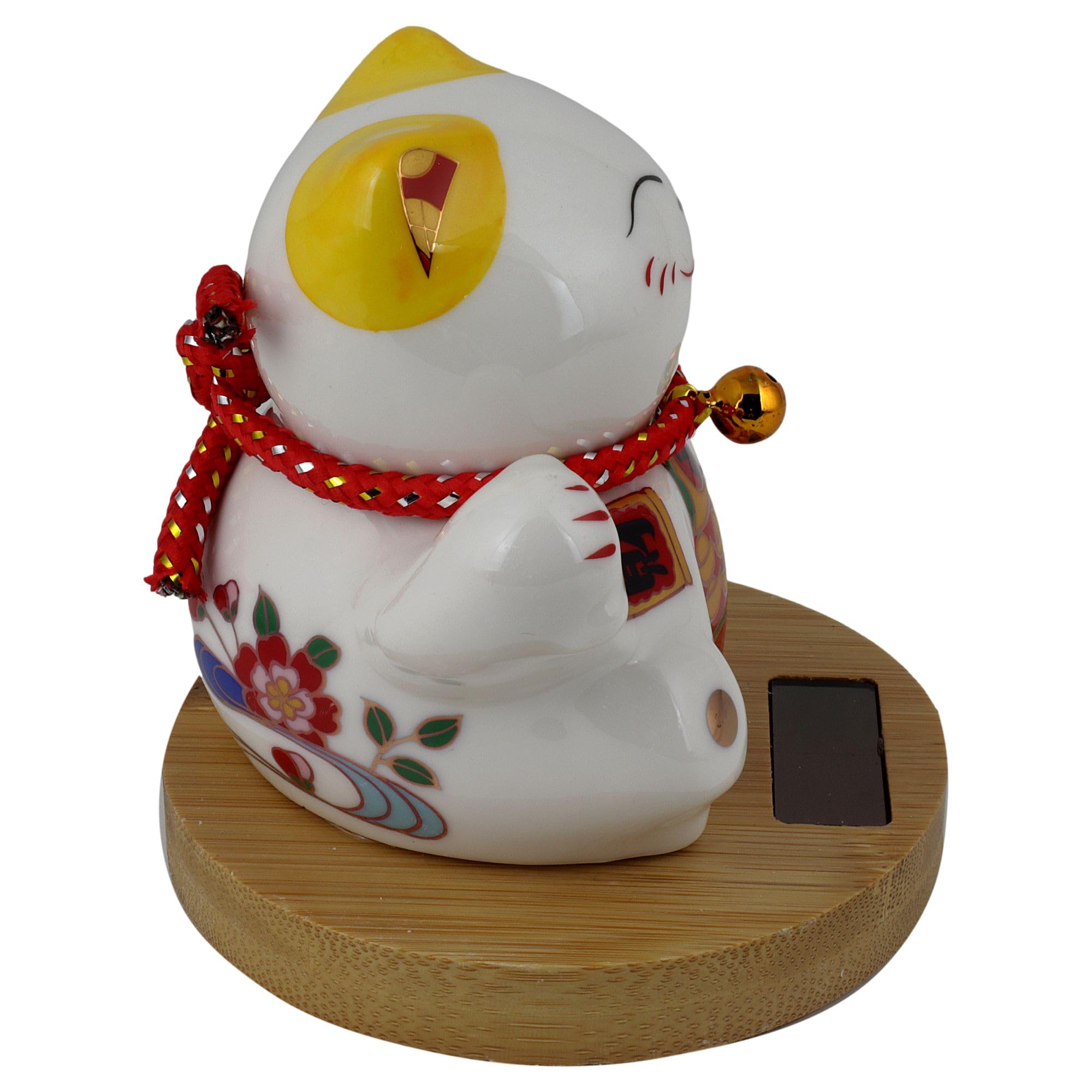 Freak Scene Agitando Gato Chino cerámica 10cm Blanco con Base de bambú Solar Maneki-Neko Gato de la Suerte de Lucky Cat Modelo 05