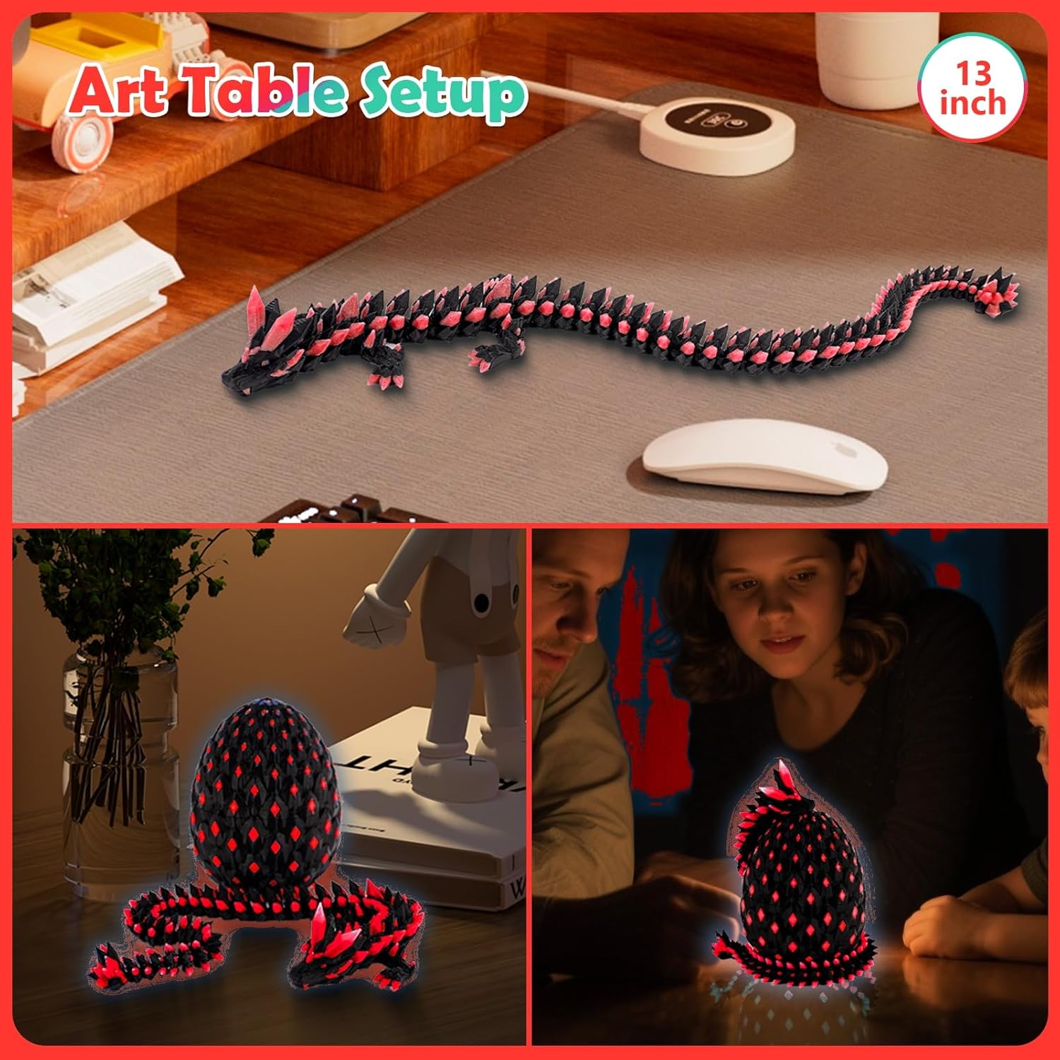3D Printed Glow in The Dark Red Dragon with Egg – Articulated Fire Crystal Dragon Toy – 3D Printer Fantasy Collectible – Dragon Egg with Dragon Inside