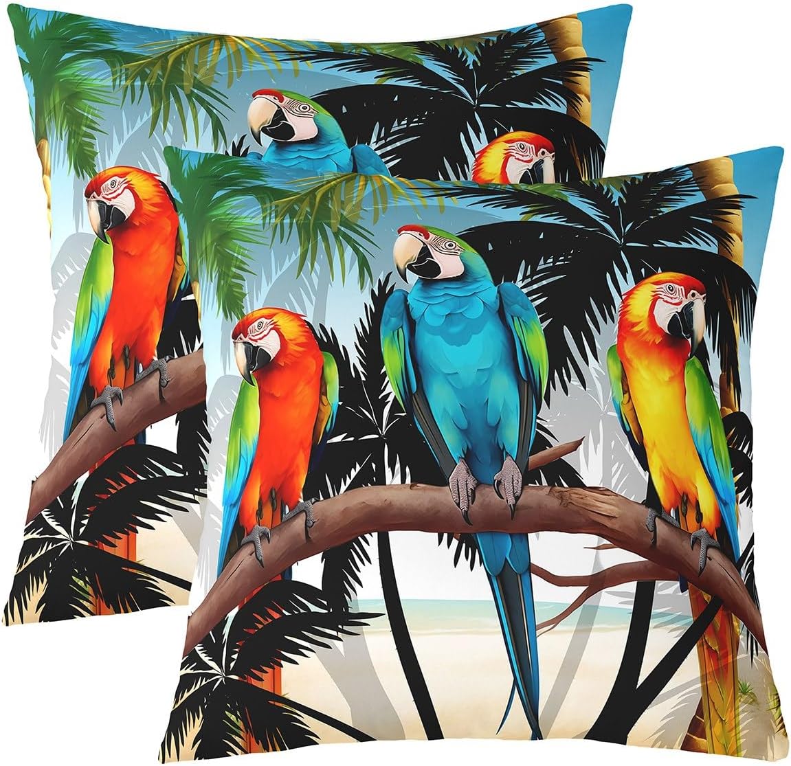 Set of 2 Cute 3D Parrot 22x22 Inch Pillow Covers Green Palm Leaf Cushion Cases Colorful Bird Feather Throw Pillow Covers Hawaiian Tropical Botanical Decorative Square Pillow Cases Reversible