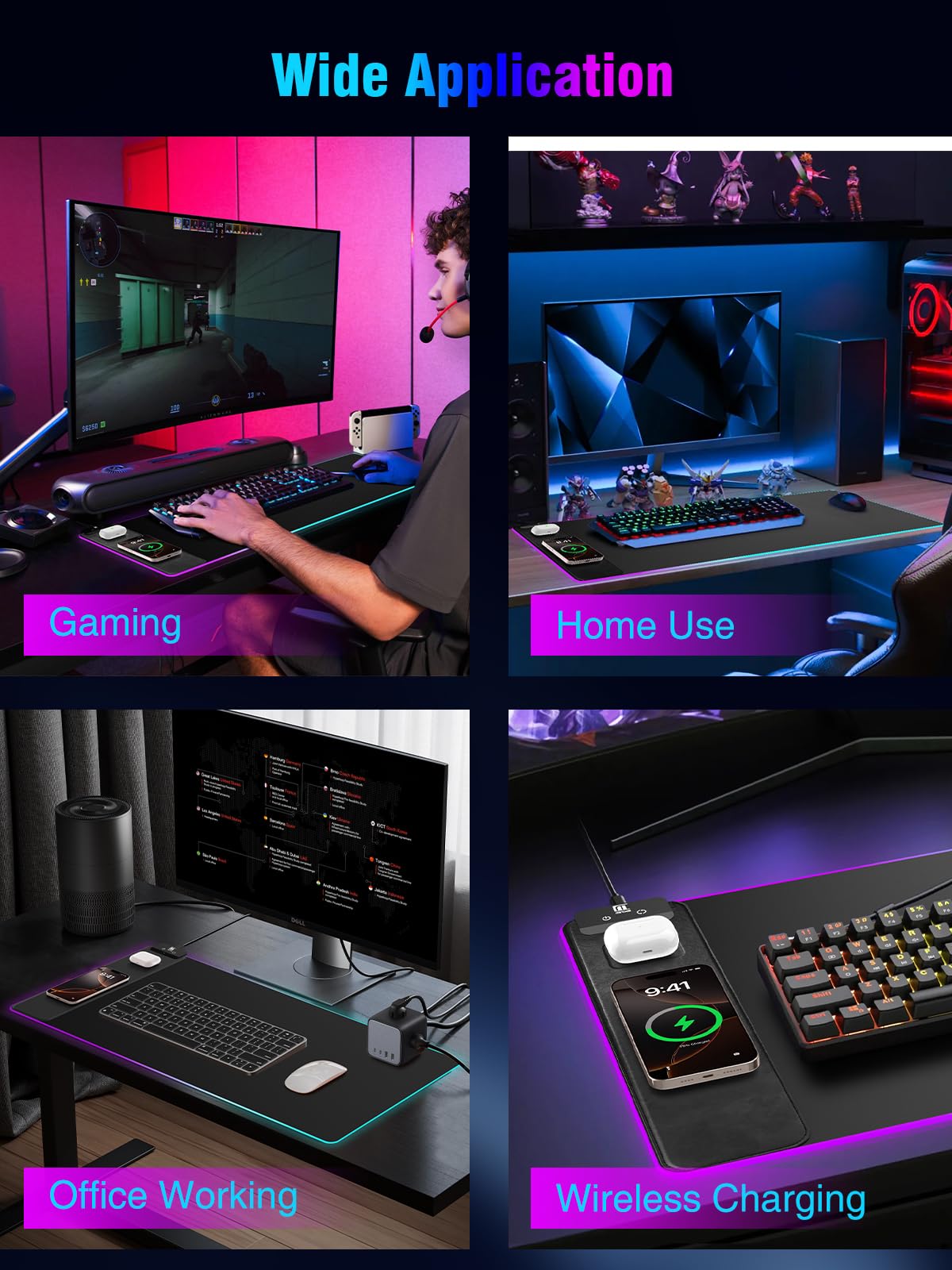 Tappetino per mouse con ricarica wireless magnetica, grande protezione per tappetino da scrivania, tappetino da scrivania nero RGB con caricabatterie rapido da 15 W, tappetino per mouse antiscivolo
