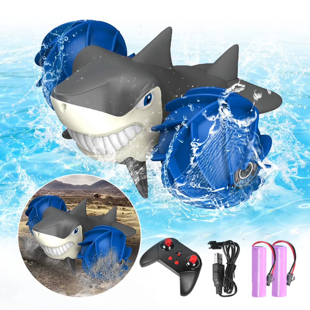 RC Stunt Car Toys Amphibious Remote Control Car RC Shark for Kids 2.4 GHz RC Boat All Terrain Off Road Monster Car Christmas Birthday Gifts Remote Control Shark Beach Toy for 8Y+ Old Kids Boys Girls